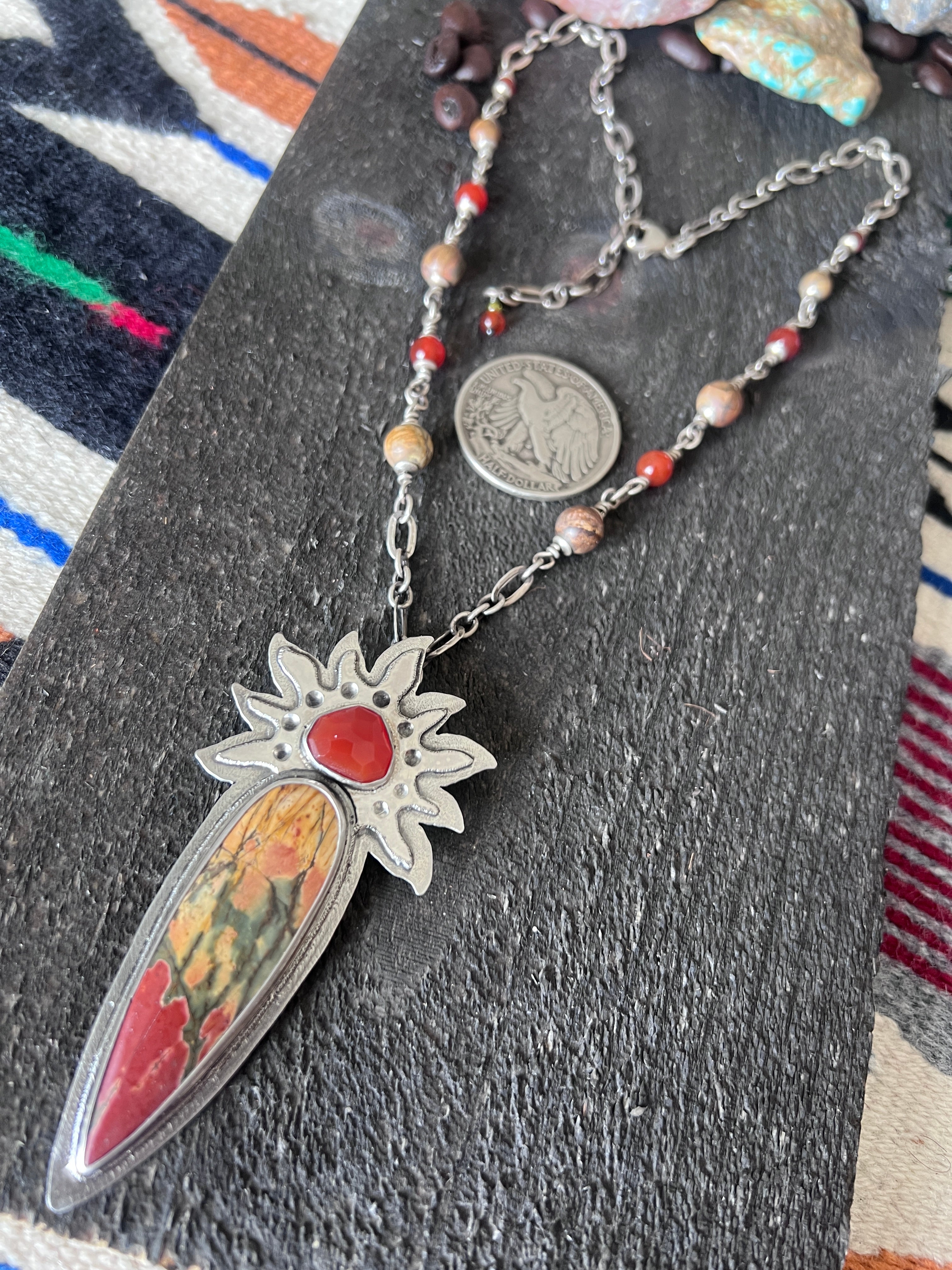 Tularosa Rosary Style Sterling Silver, Red Creek Jasper and Carnelian Sun Fire Necklace