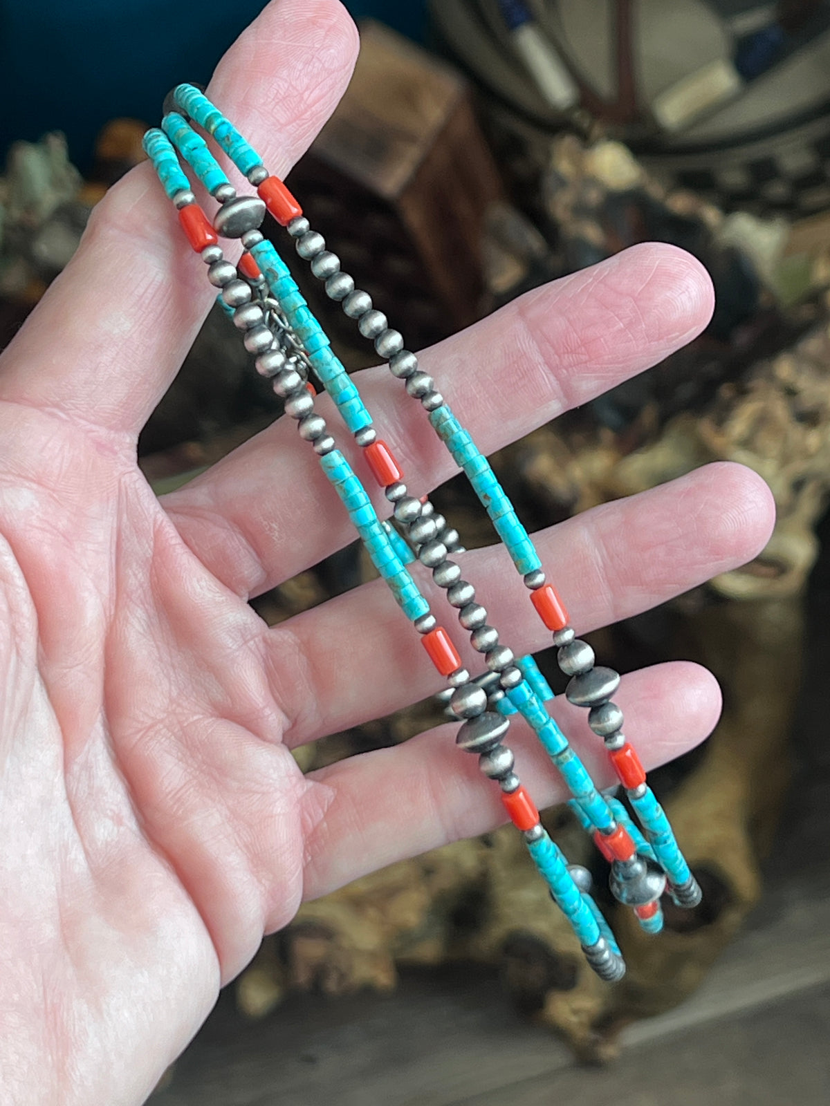 Bohemian Bliss Beaded Choker with Sterling Silver, Mediterranean Coral and Turquoise, 16” + 2”
