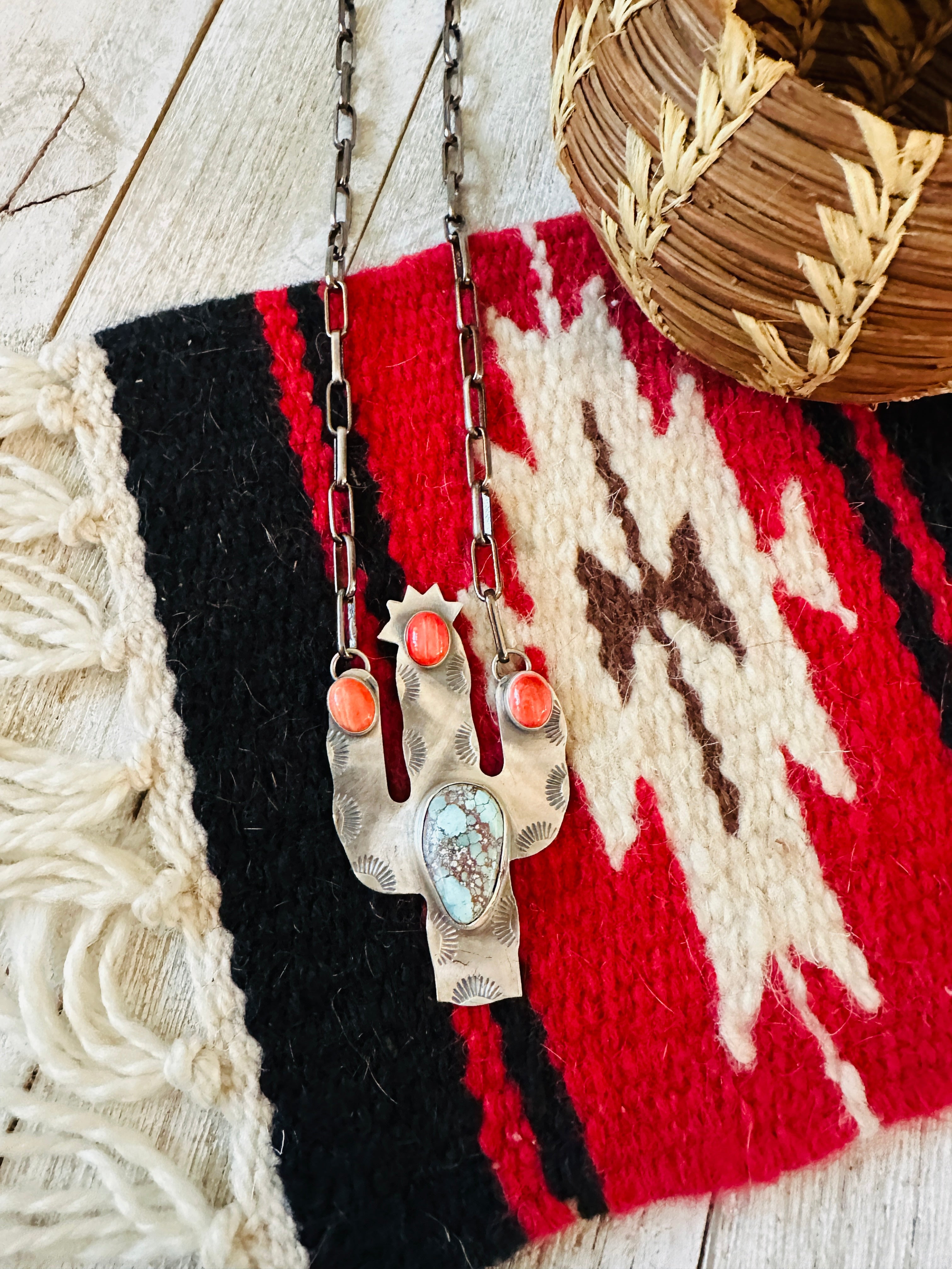 Handcrafted Sterling Silver, Turquoise & Spiny Cactus Necklace