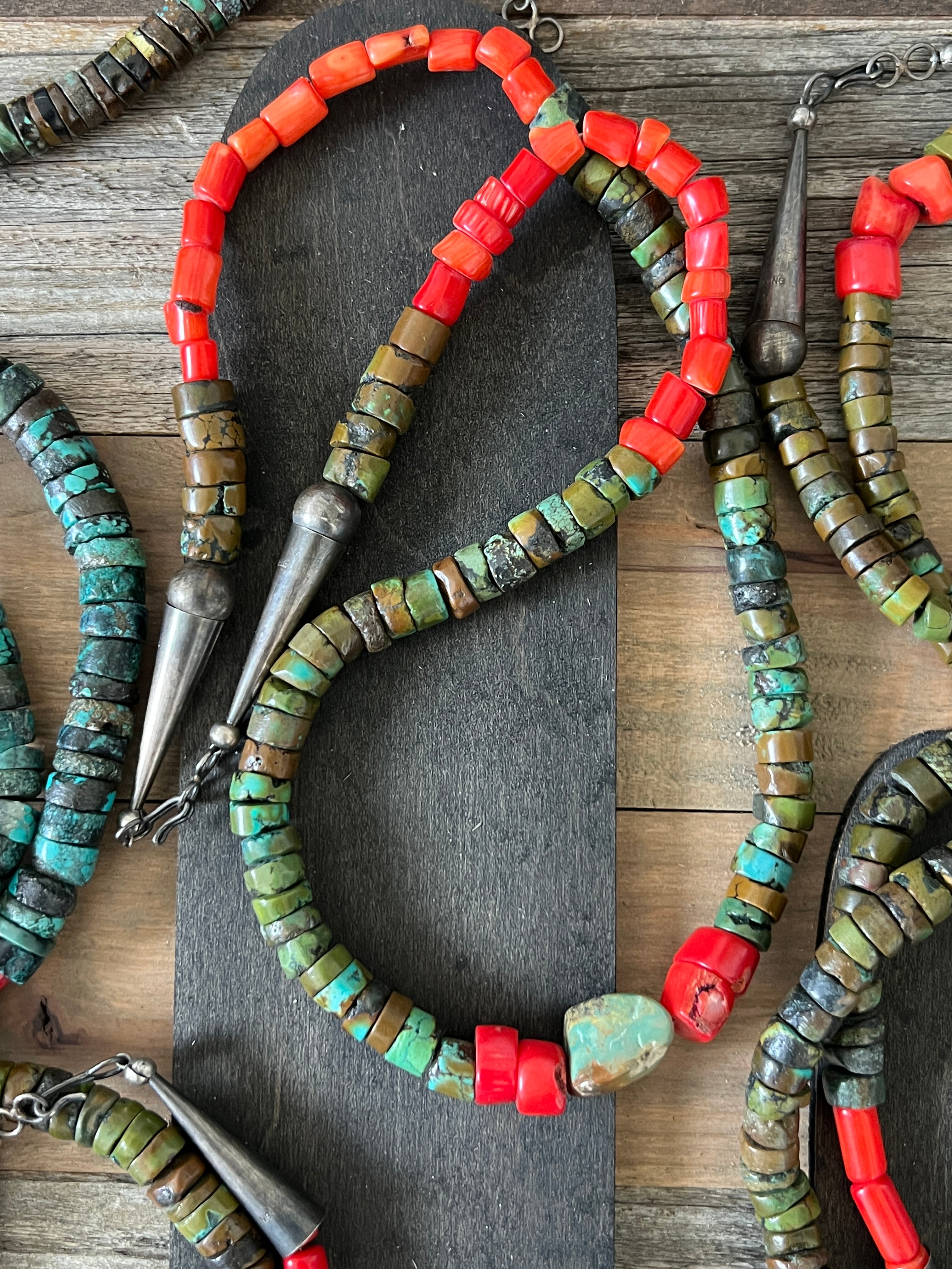 Handcrafted Hubei Turquoise Beaded Necklace with Sterling Silver and Bamboo Coral by Kirby Smith: 13 To Choose From!