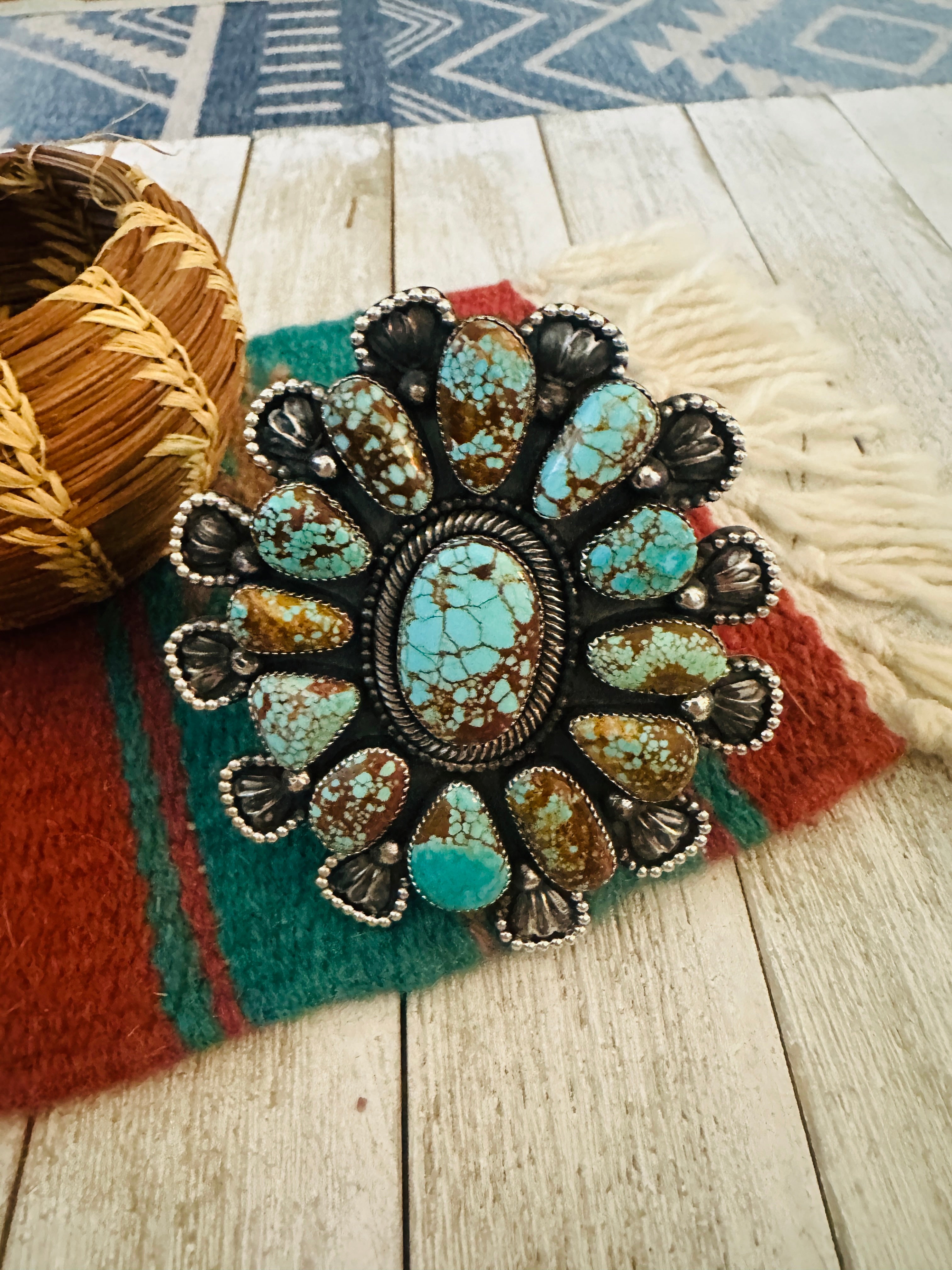 Sterling Silver & Number 8 Turquoise Cluster Cuff Bracelet /