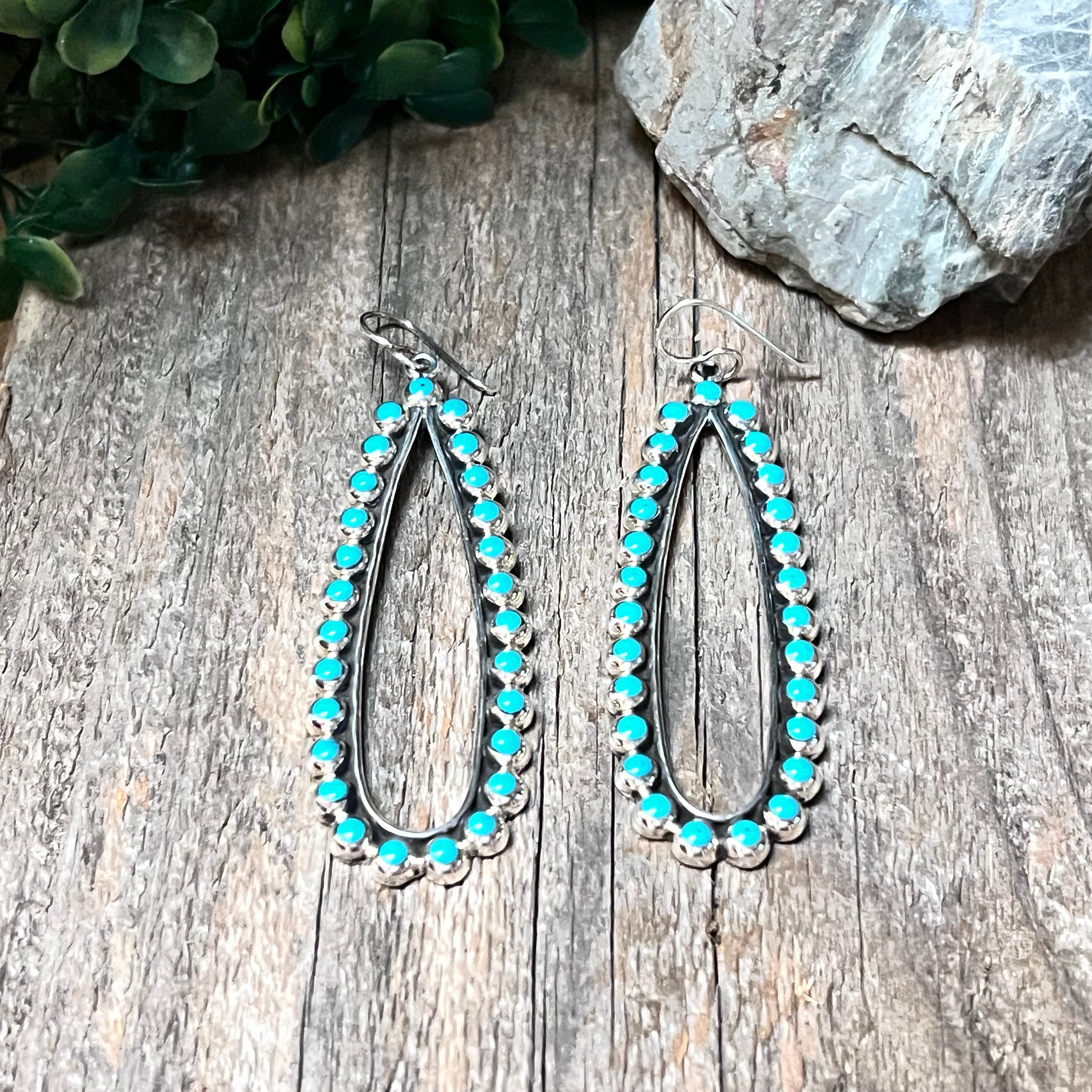 Handmade Sterling Silver & Turquoise Tear Drop Hoop Wire Earrings