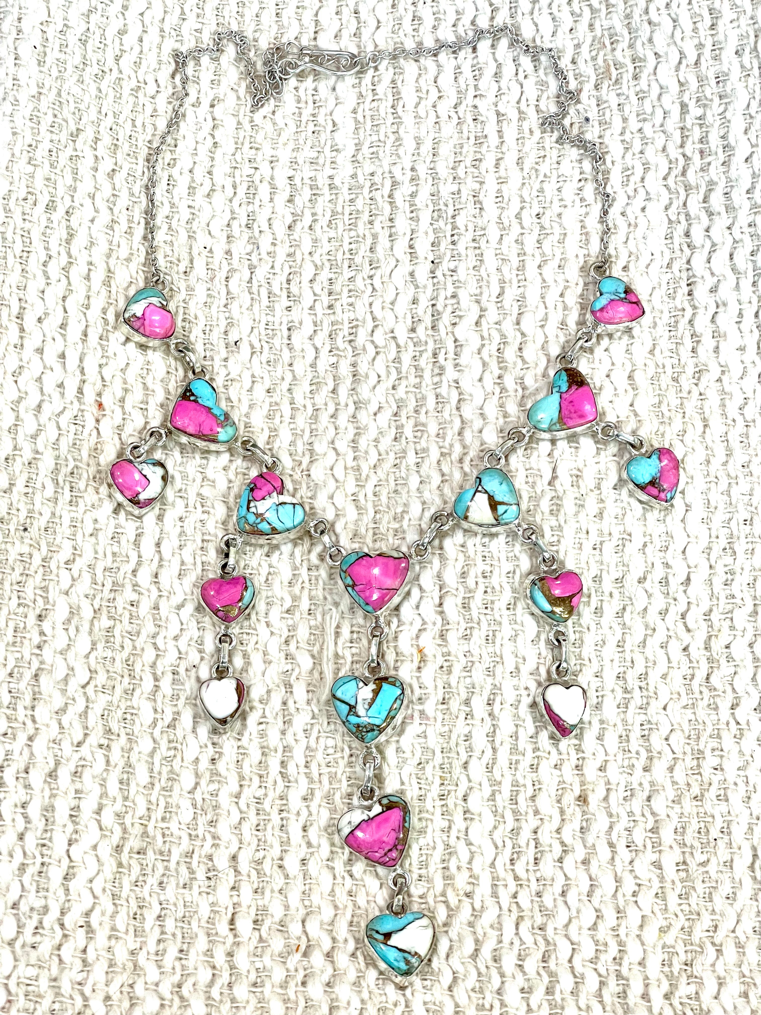 Handmade Sterling Silver Cotton Candy Turquoise Heart Drop Necklace with Signed Nizhoni