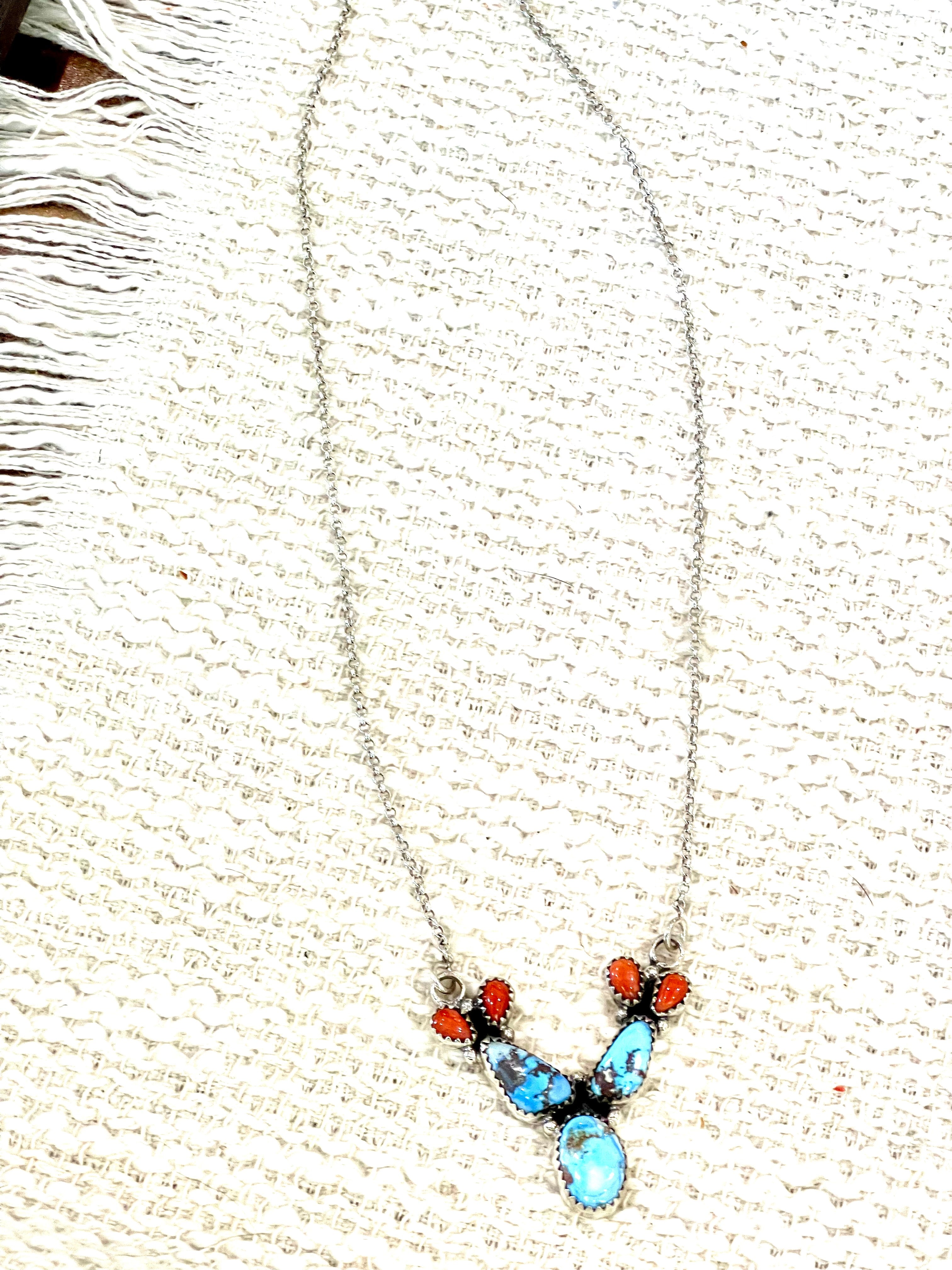 Handmade Sterling Silver, Golden Hills Turquoise & Coral Necklace Signed Nizhoni