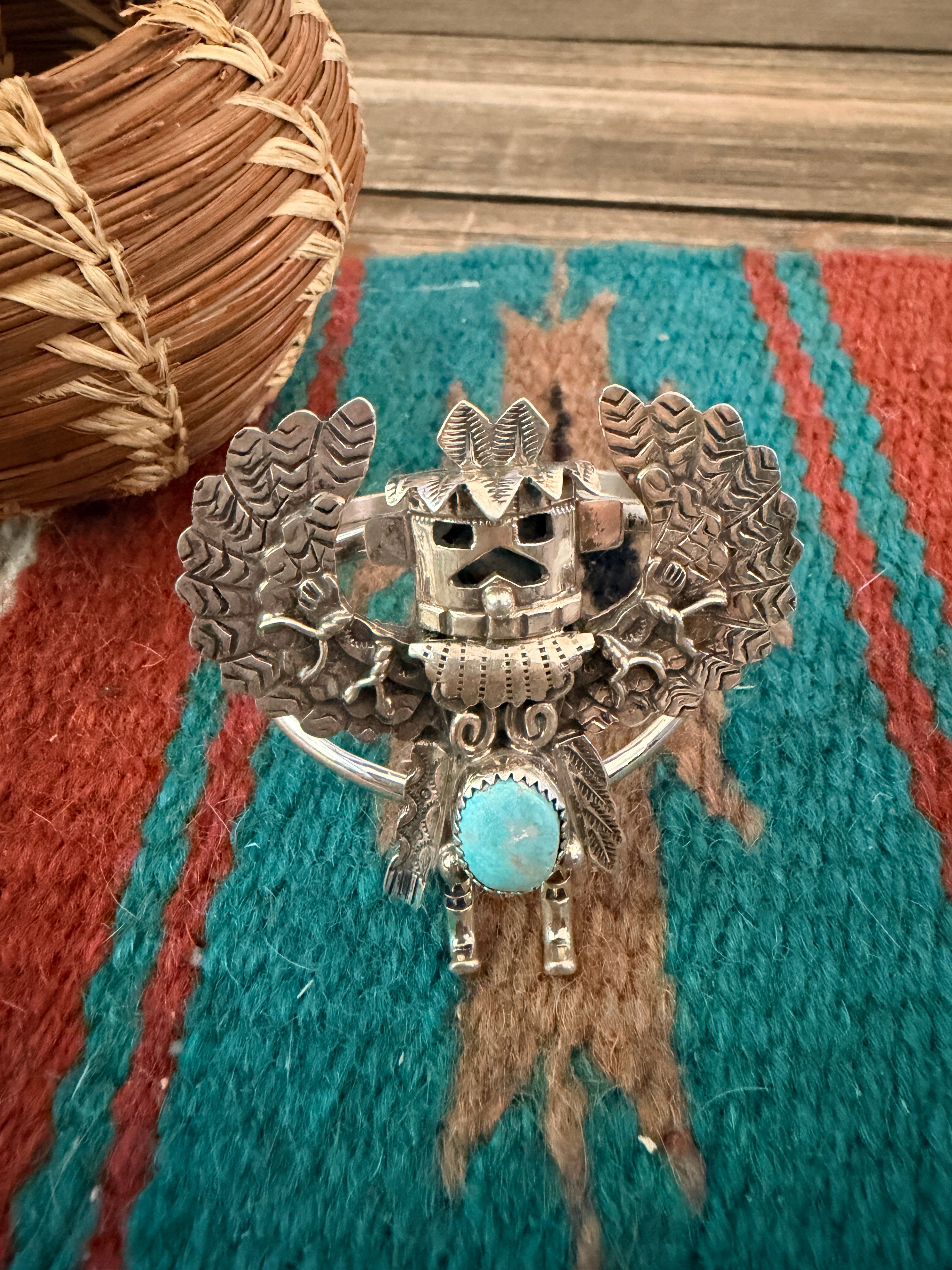 Handcrafted Old Pawn Sterling Silver & Turquoise Kokopelli Cuff Bracelet