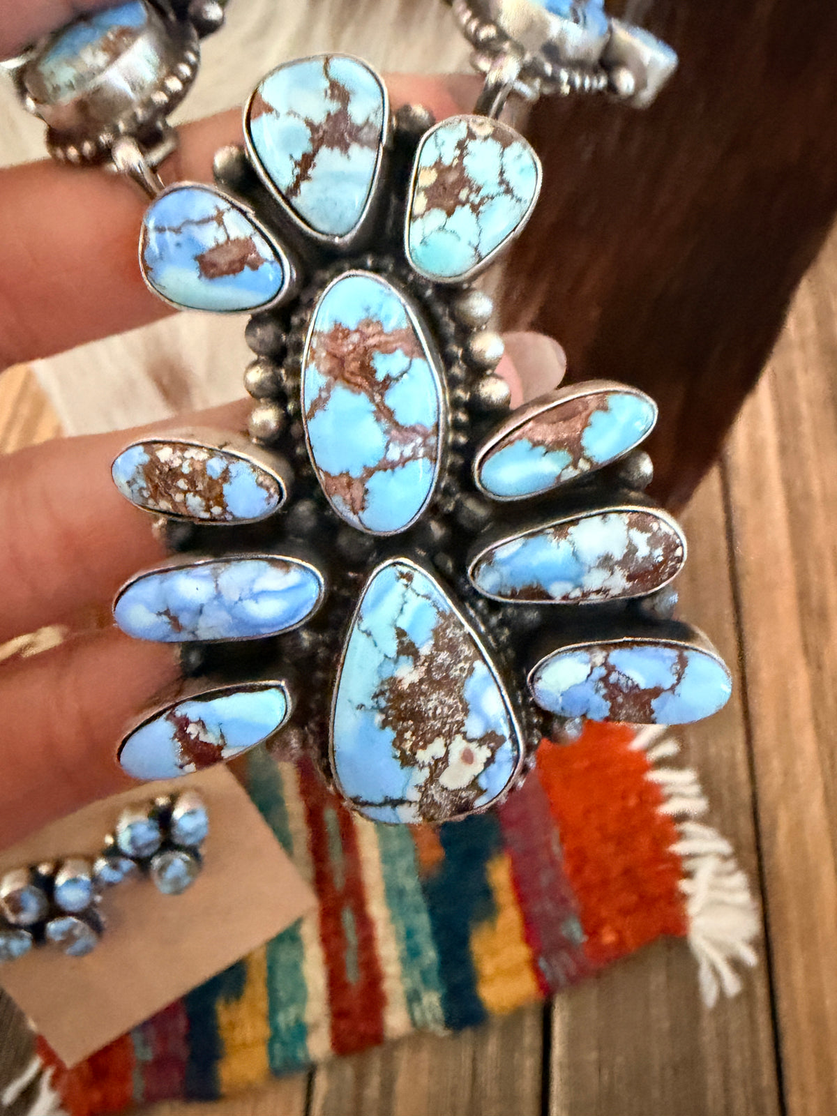 Handcrafted Golden Hills Turquoise & Sterling Silver Cluster Necklace and Earring Set by Travis Jim