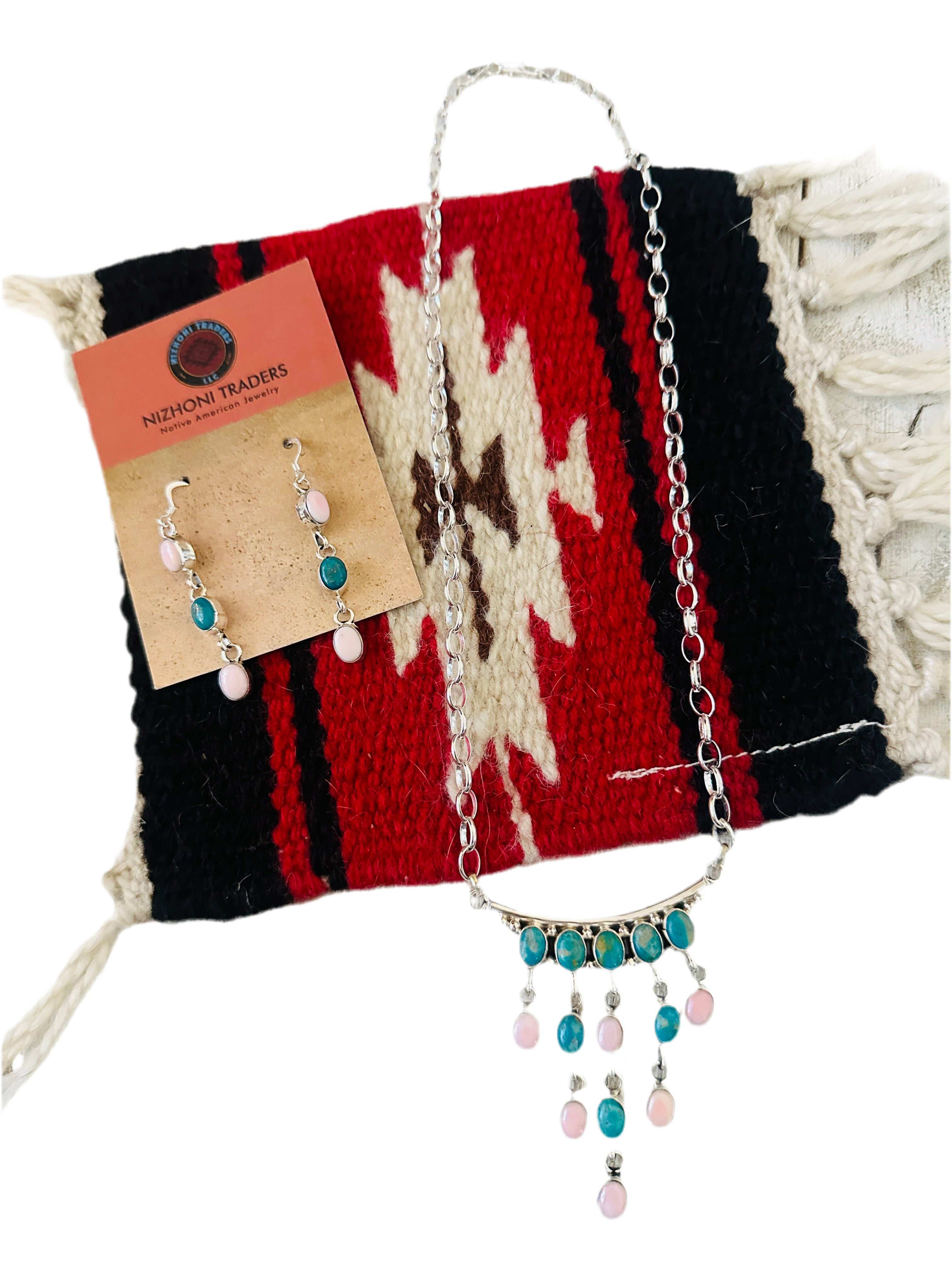 Handcrafted Turquoise, Queen Pink Conch & Sterling Silver Chandelier Necklace Set