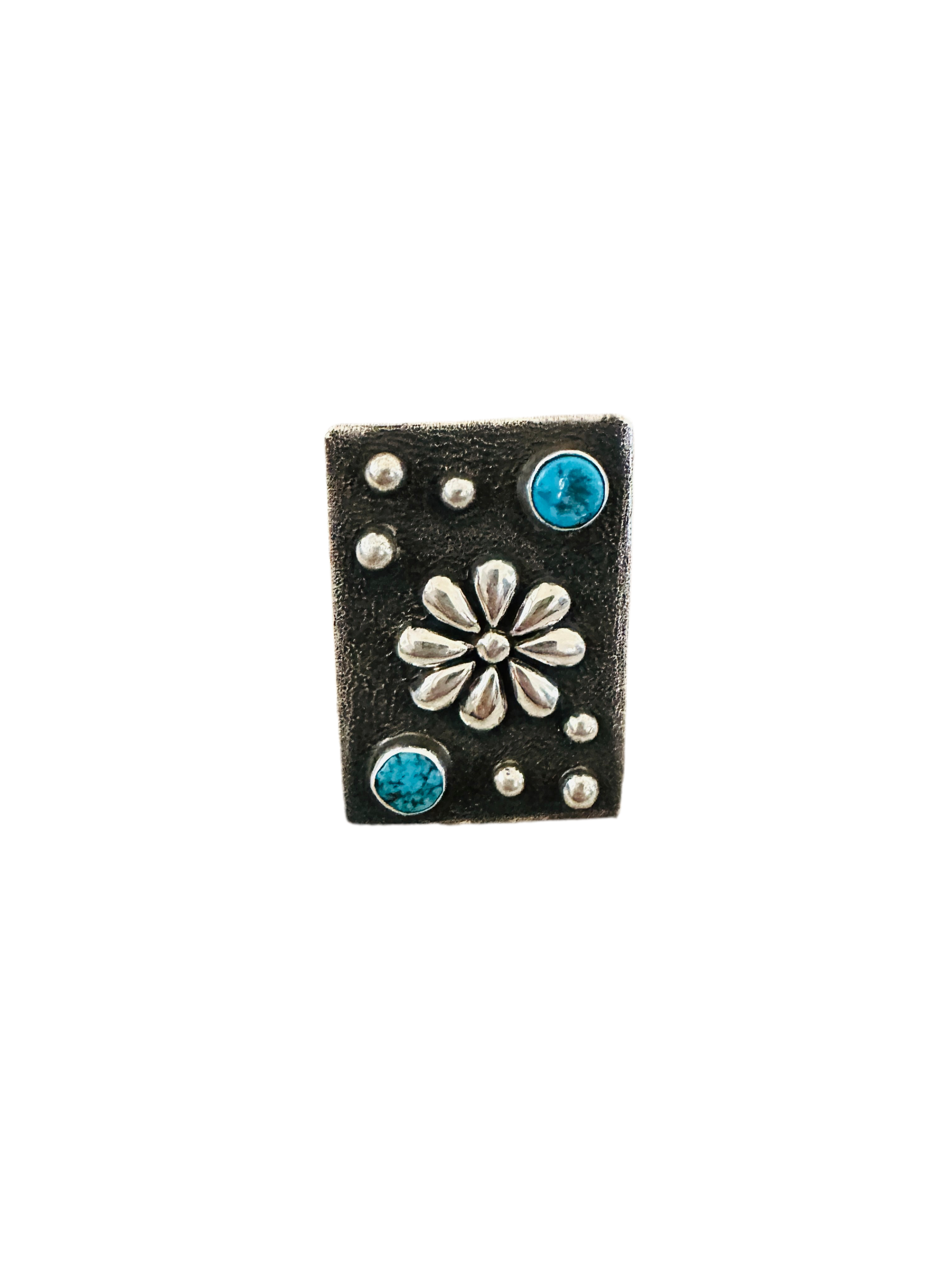 Handcrafted Sterling Silver & Studded Flower Turquoise Ring Size 8