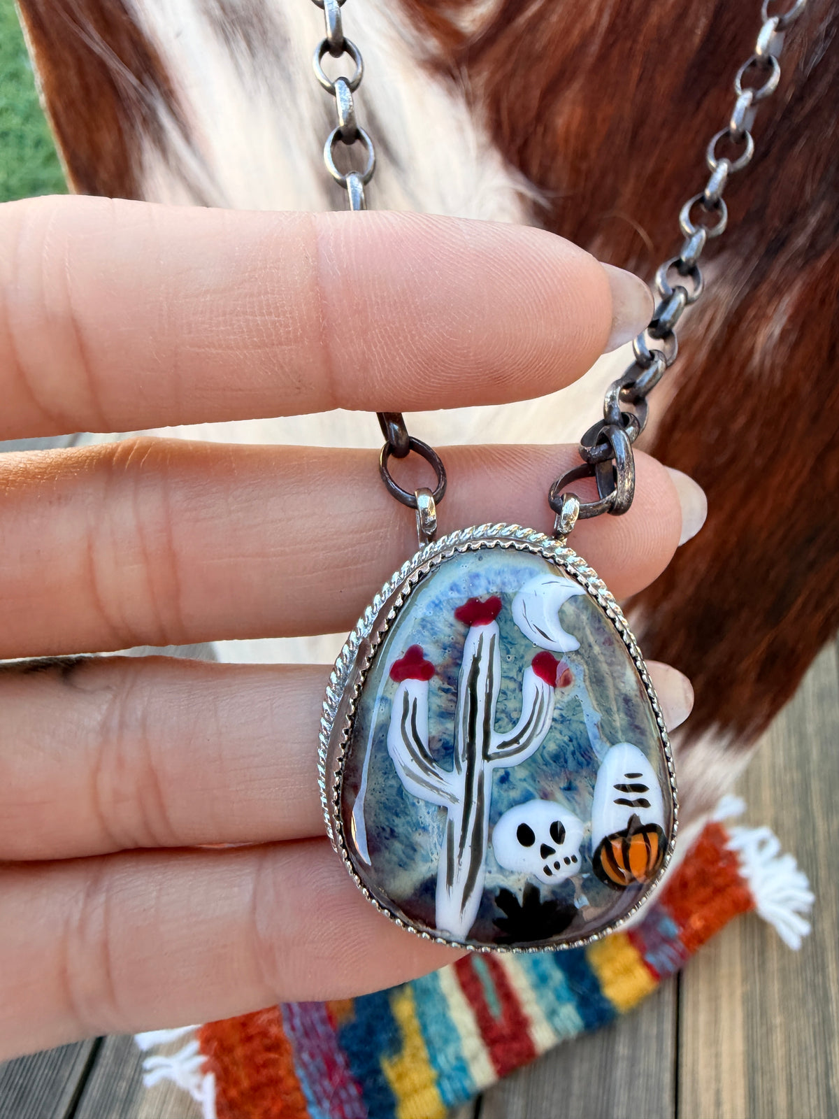 ~*Halloween Collection*~ Handmade Sterling Silver & Jasper Painted Cactus Necklace