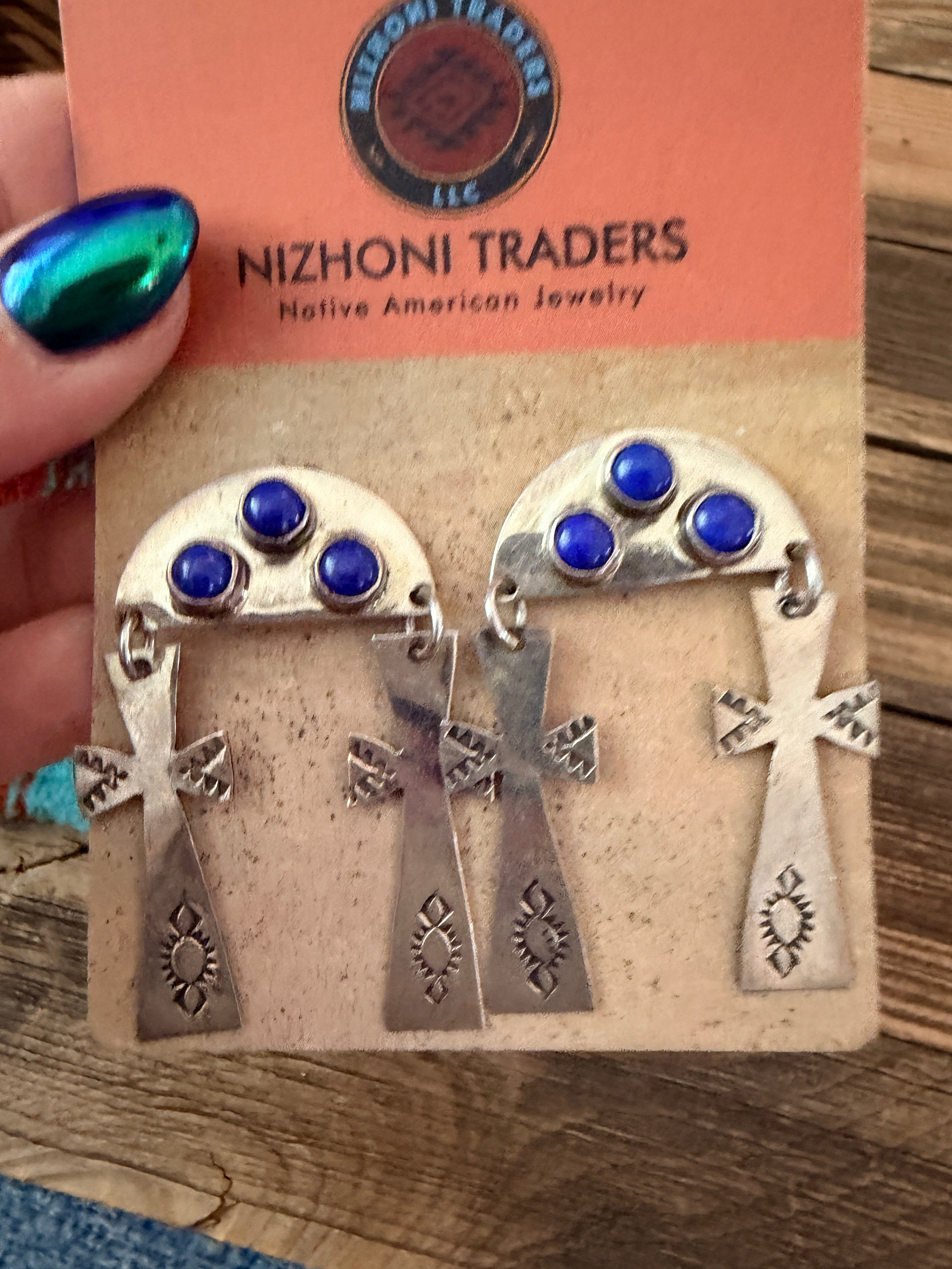 Old Pawn Handcrafted Sterling Silver & Lapis Cross Dangle Earrings