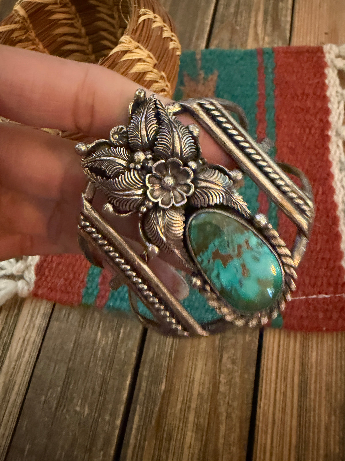 Handcrafted Old Pawn Sterling Silver & Turquoise Flower Cuff Bracelet
