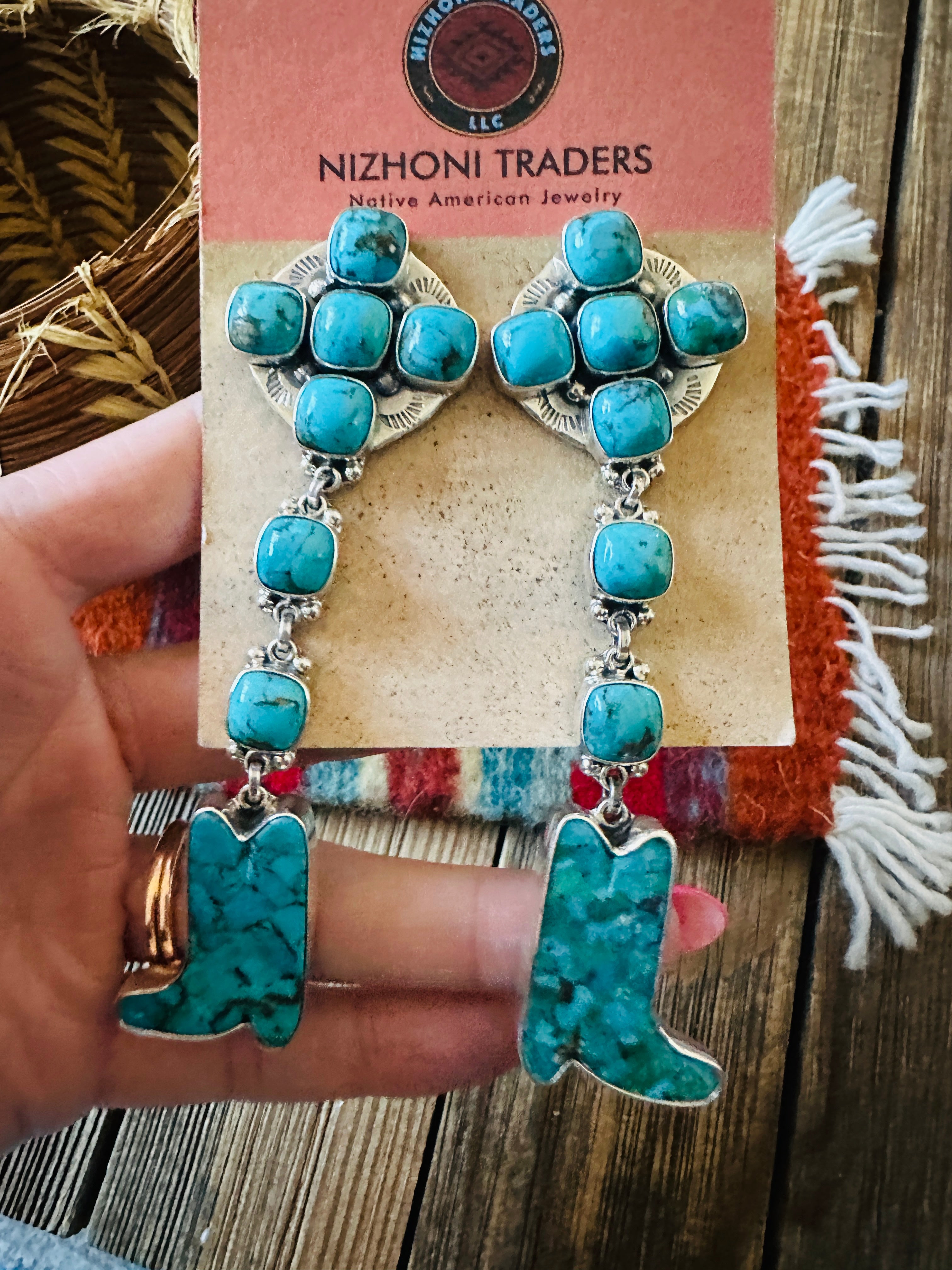 Handcrafted Turquoise & Sterling Silver Cowboy Boot Dangle Earrings by Federico Jimenez