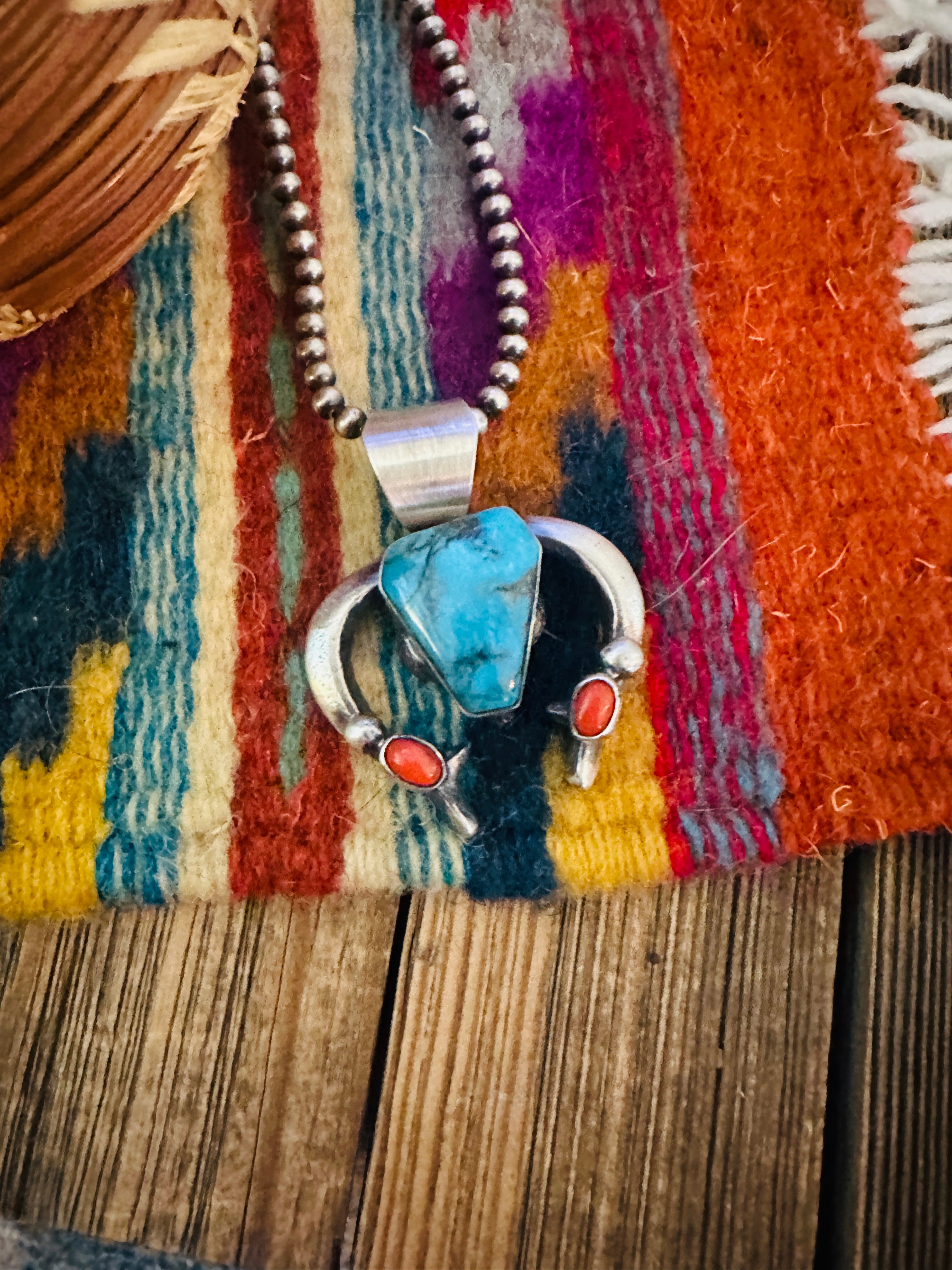 Handcrafted Sterling Silver, Turquoise & Coral Naja Pendant by Chimney Butte