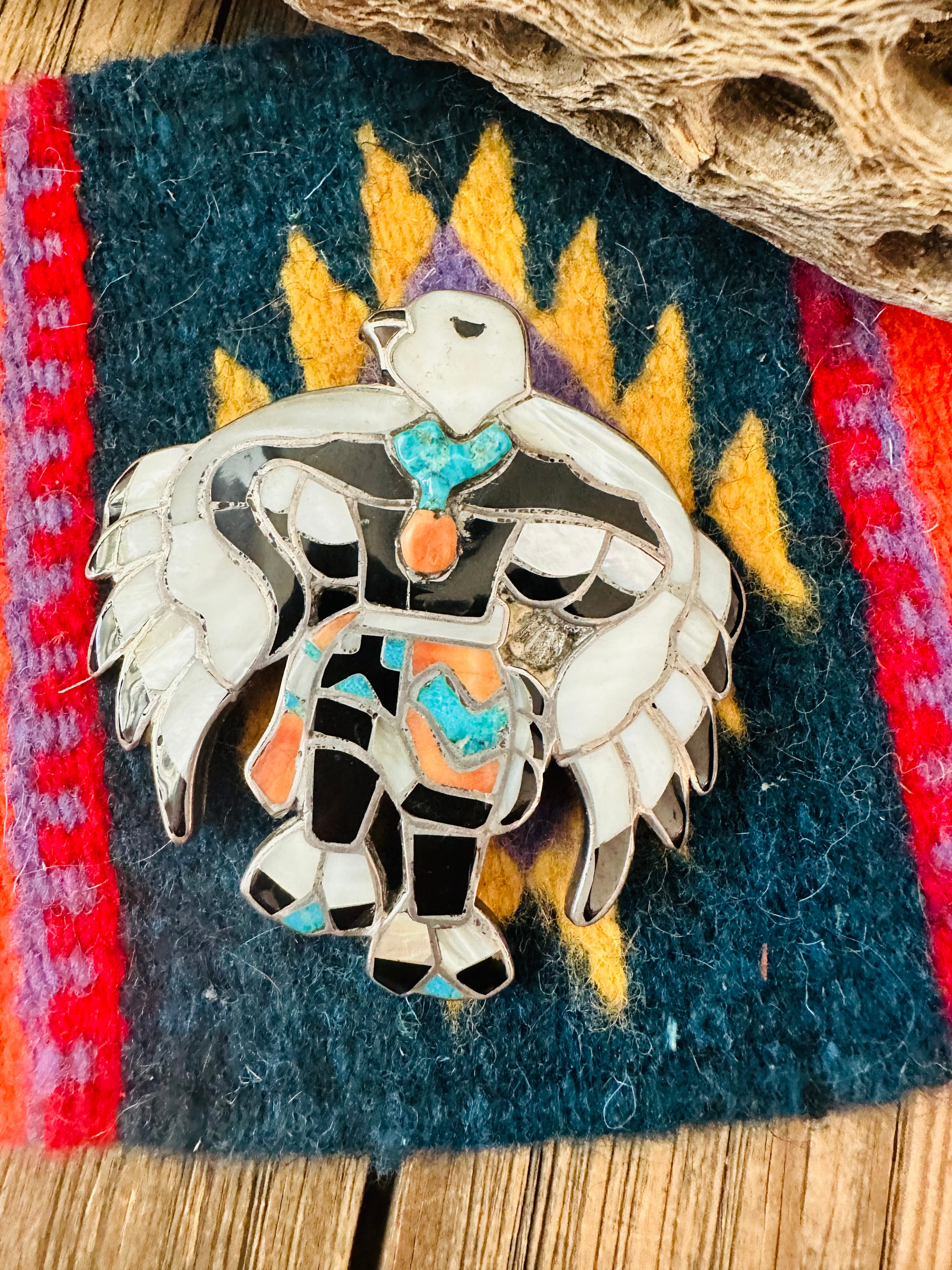 Vintage Navajo Sterling Silver & Multi Stone Inlay Eagle Dancer Bolo Slide