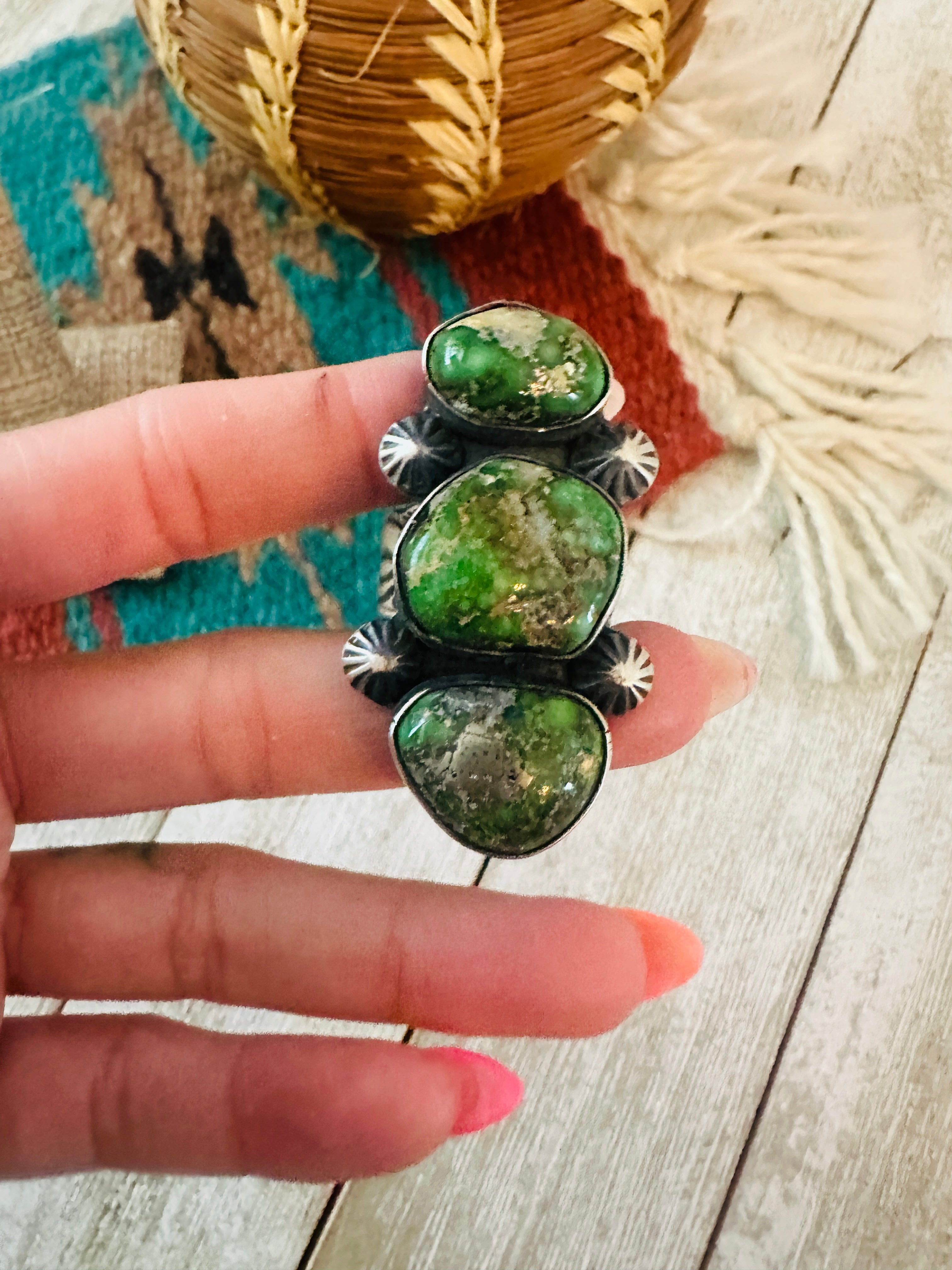 Handcrafted Sonoran Gold Turquoise & Sterling Silver Ring Chimney Butte Size 11