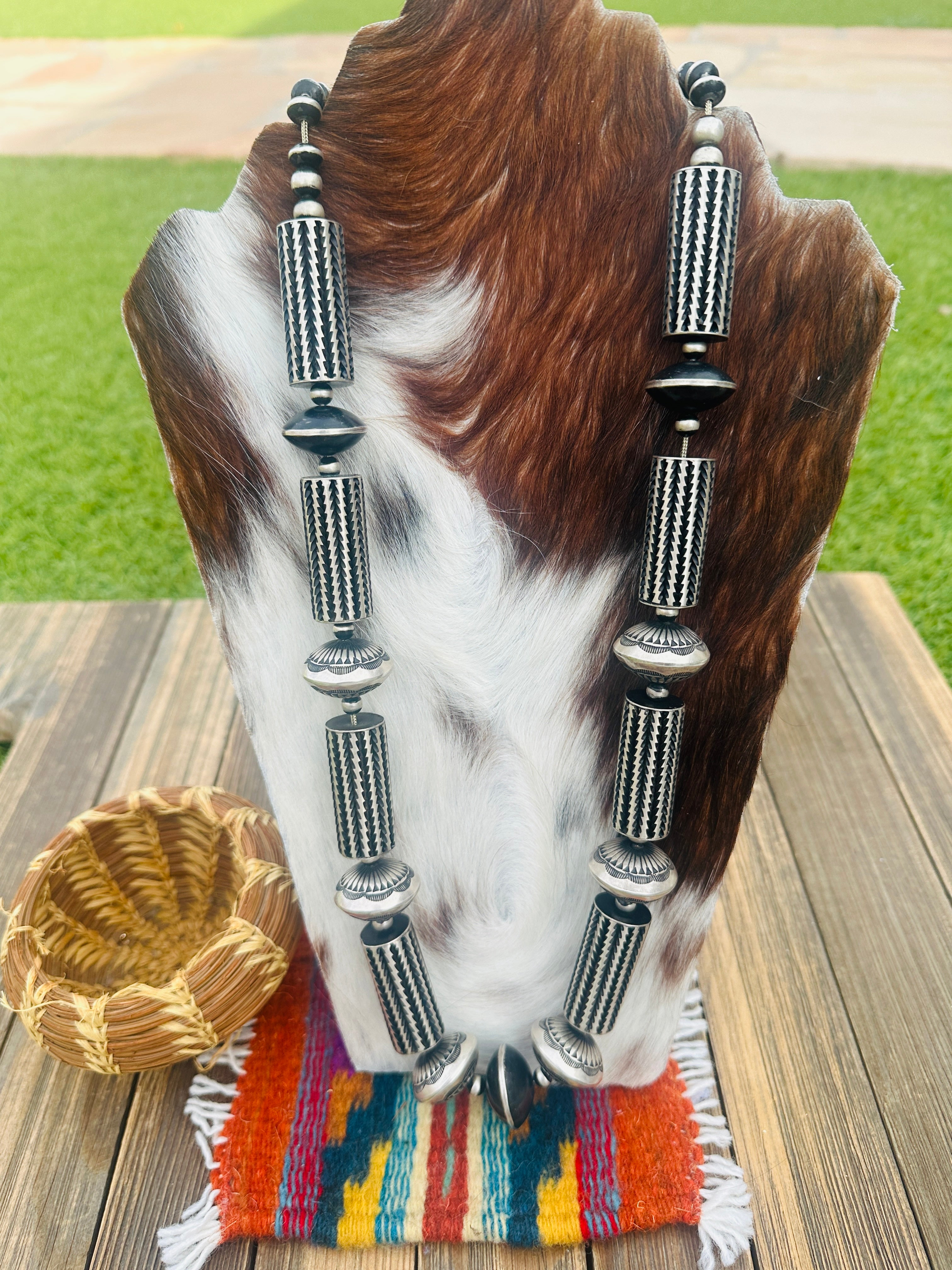 Hand Stamped Sterling Silver Beaded 28” Necklace by Leander Tahe