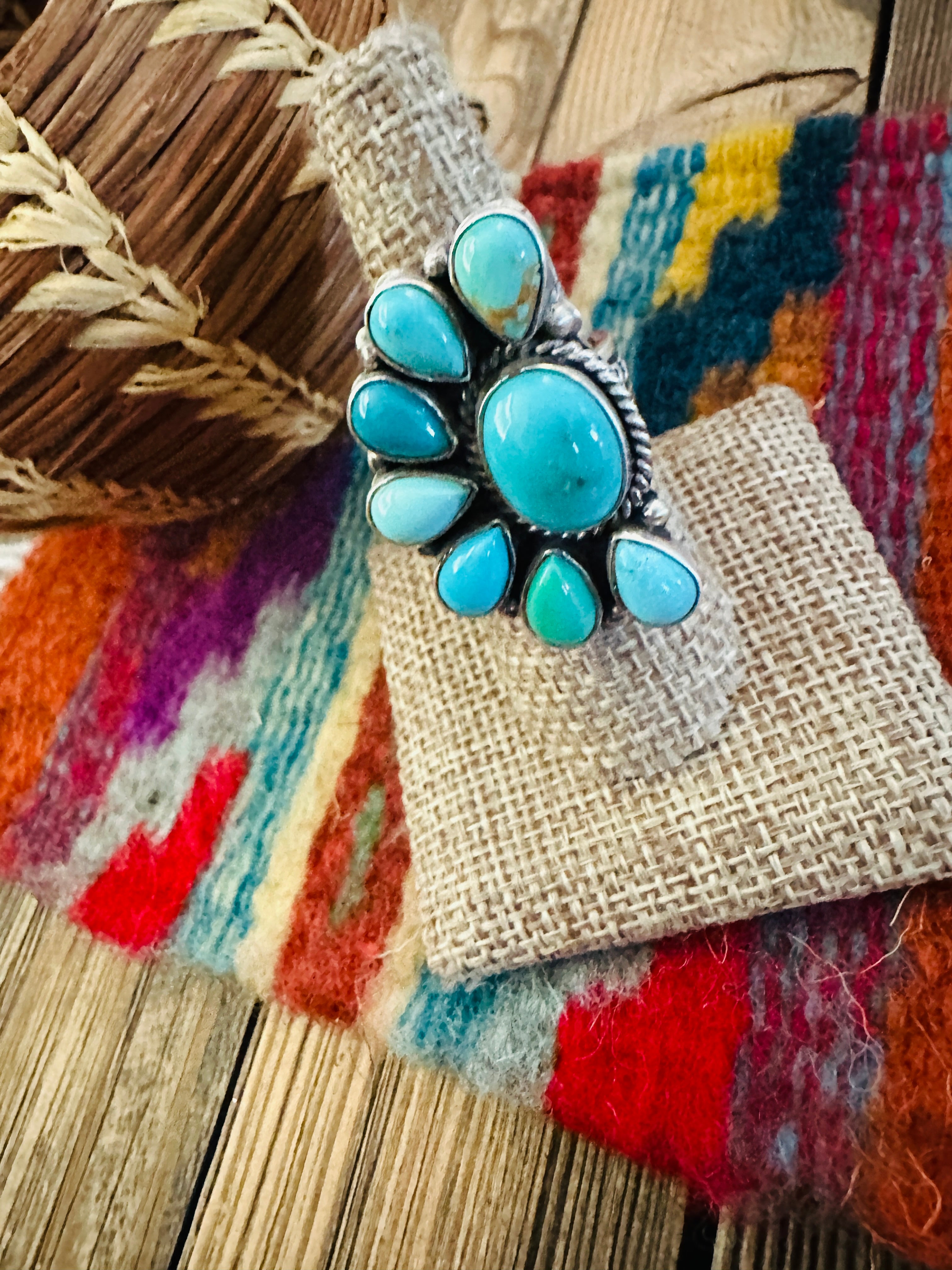 Handcrafted Turquoise & Sterling Silver Adjustable Cluster Ring by Elouise Richards