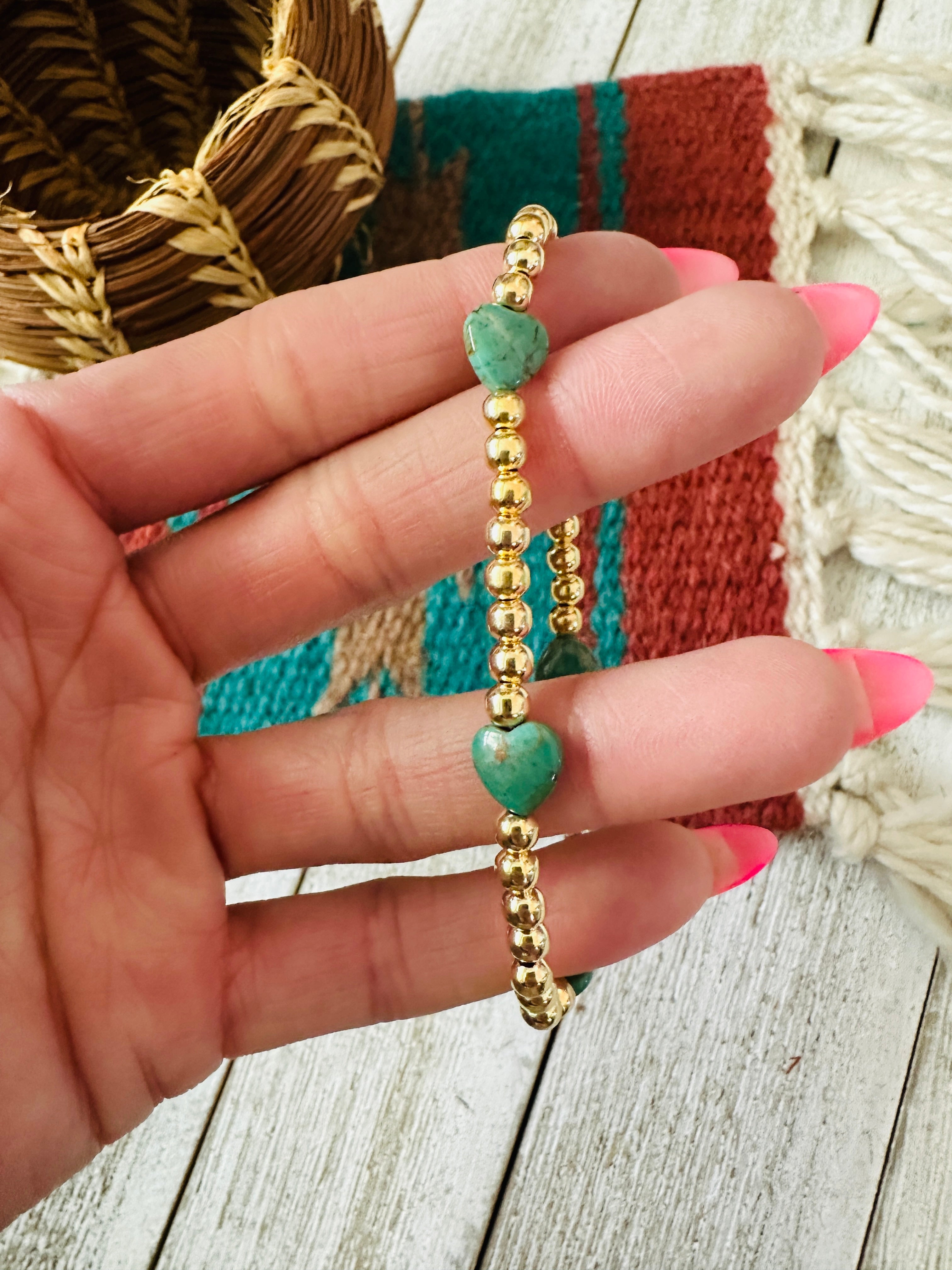 Handcrafted Gold Plated Sterling Silver Pearl & Turquoise Beaded Bracelet