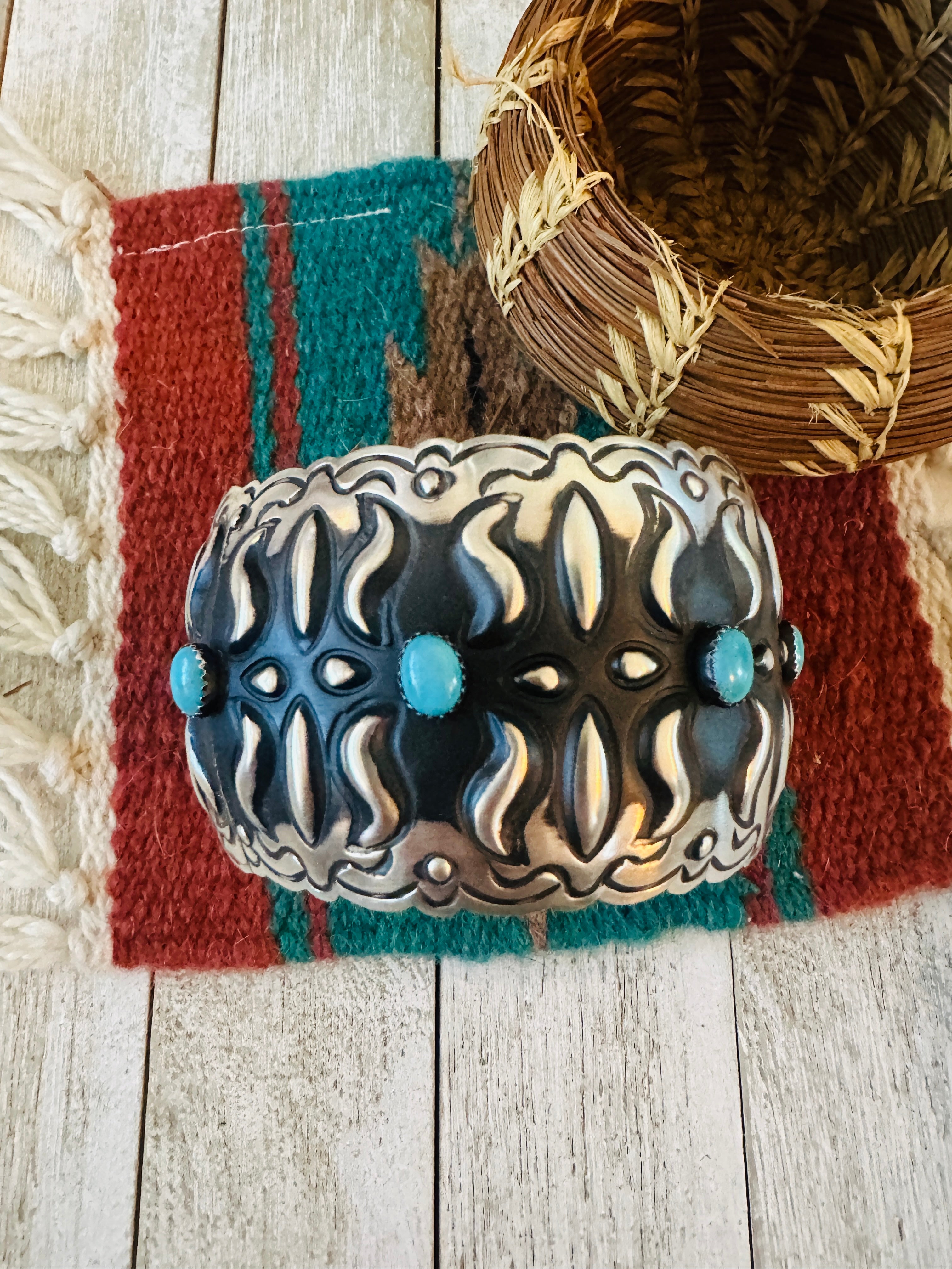 Handcrafted Sterling Silver & Turquoise Bangle Bracelet by Leander Tahe