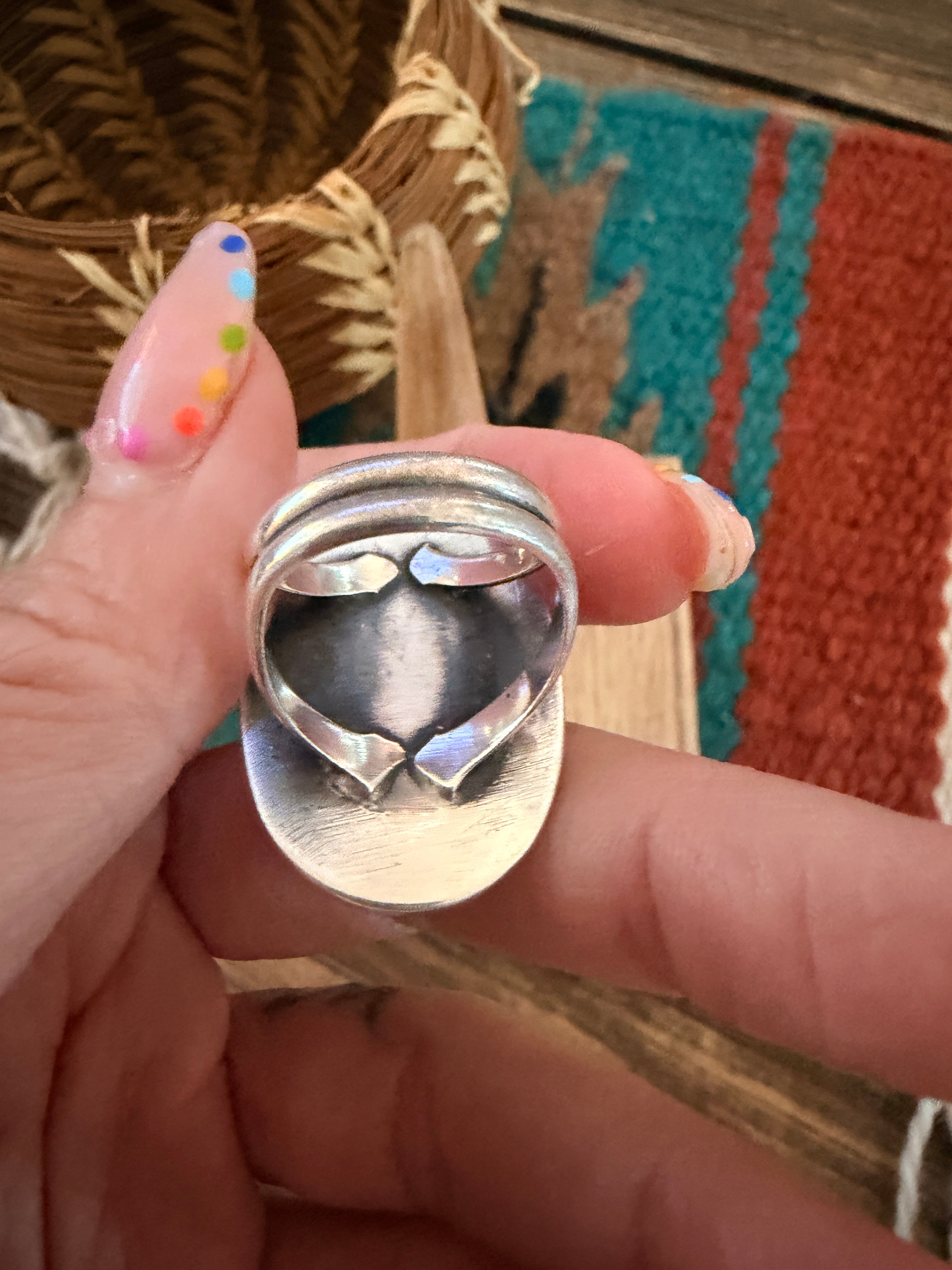 Old Pawn Handcrafted Coral & Sterling Silver Ring Size 5.75