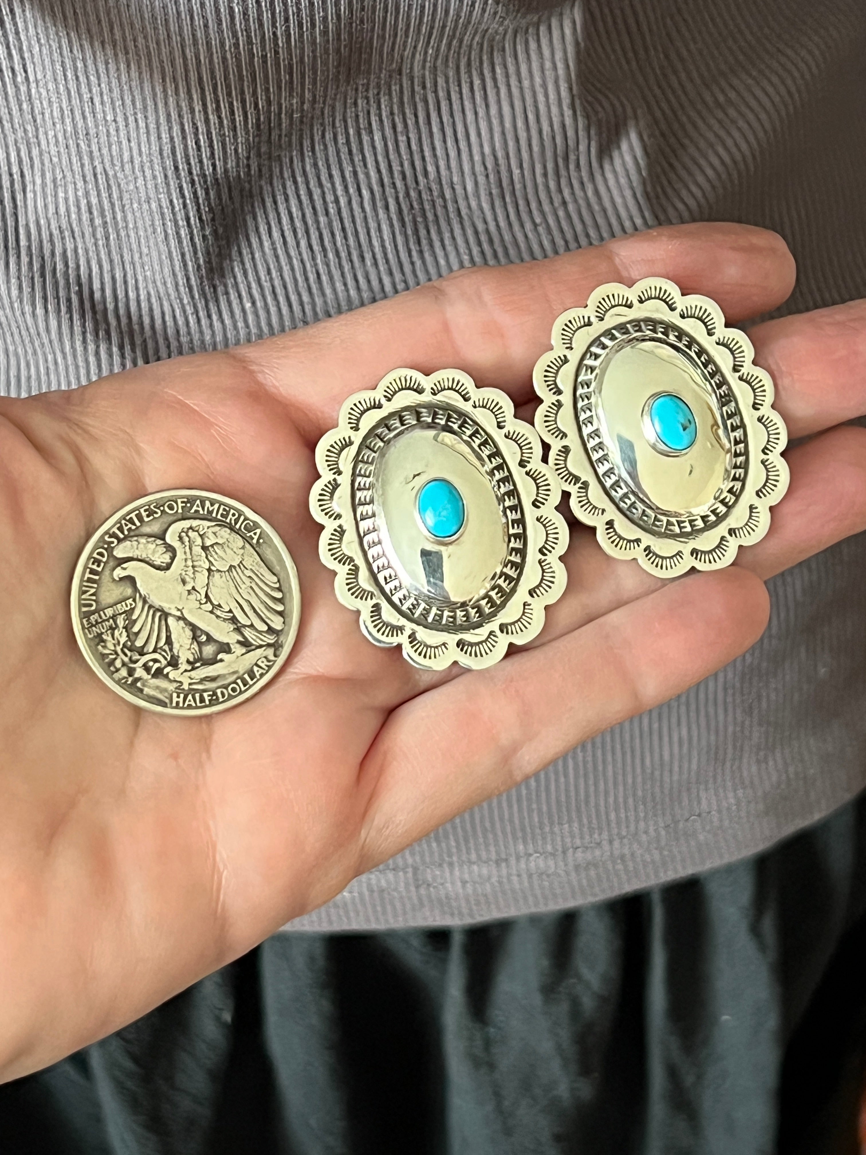 Handcrafted Bohemian Bliss Sterling Silver and Turquoise Concho Post Earrings by Annabelle (Kee) Lantana