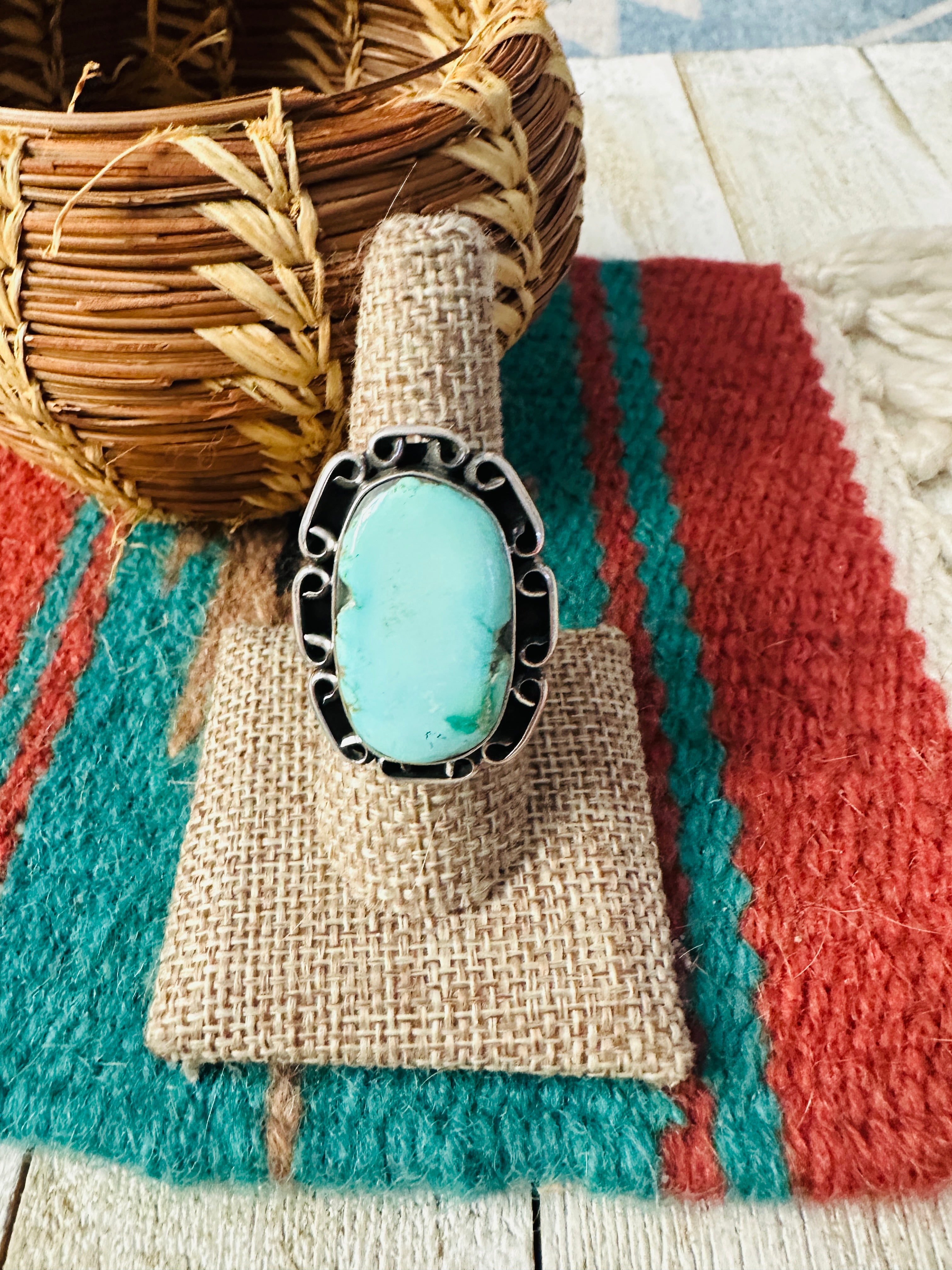 Handcrafted Carico Lake Turquoise & Sterling Silver Ring size 8