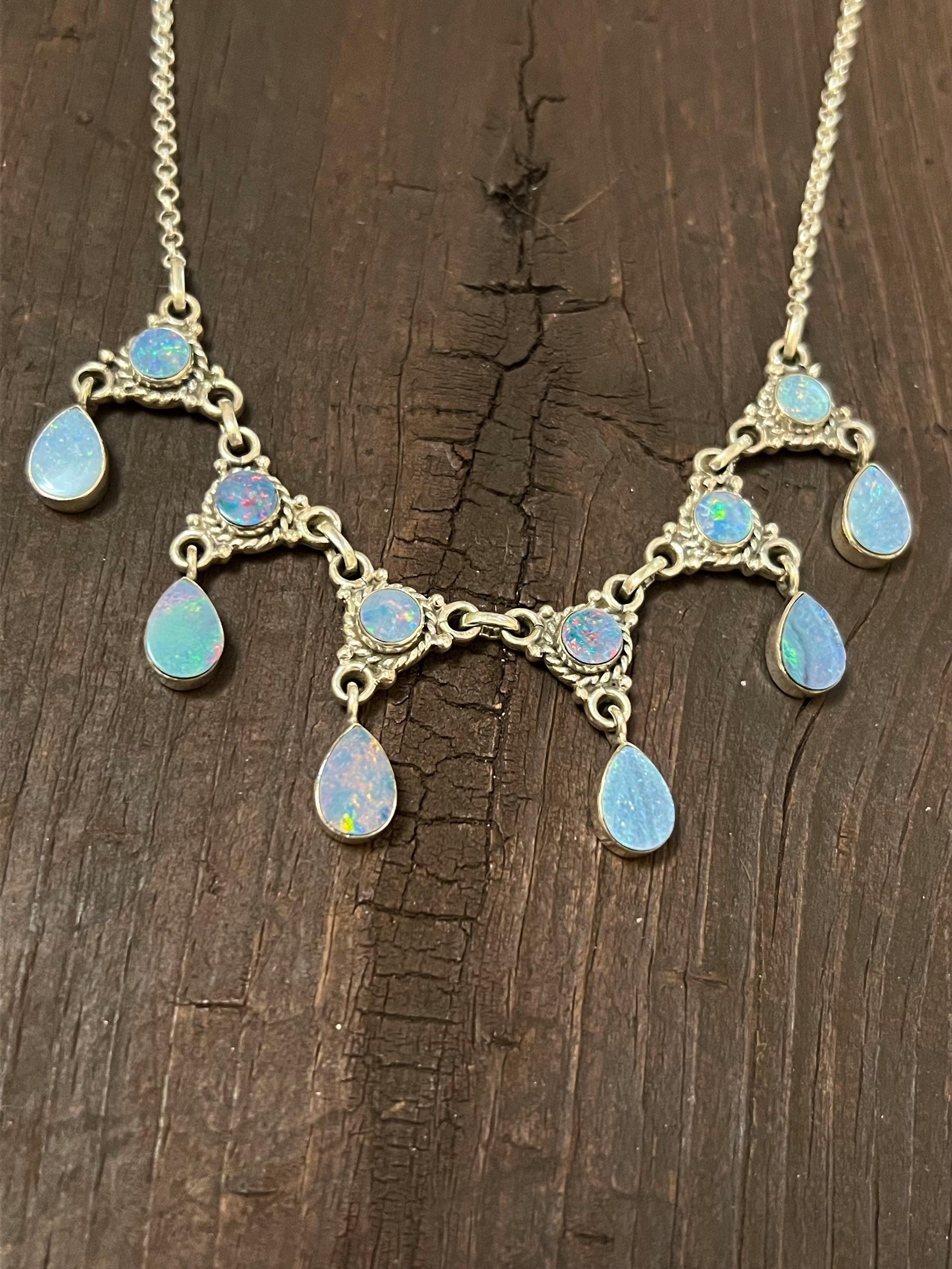 Handmade Light Blue Opal & Fire Blue Opal Sterling Silver Chandelier Necklace