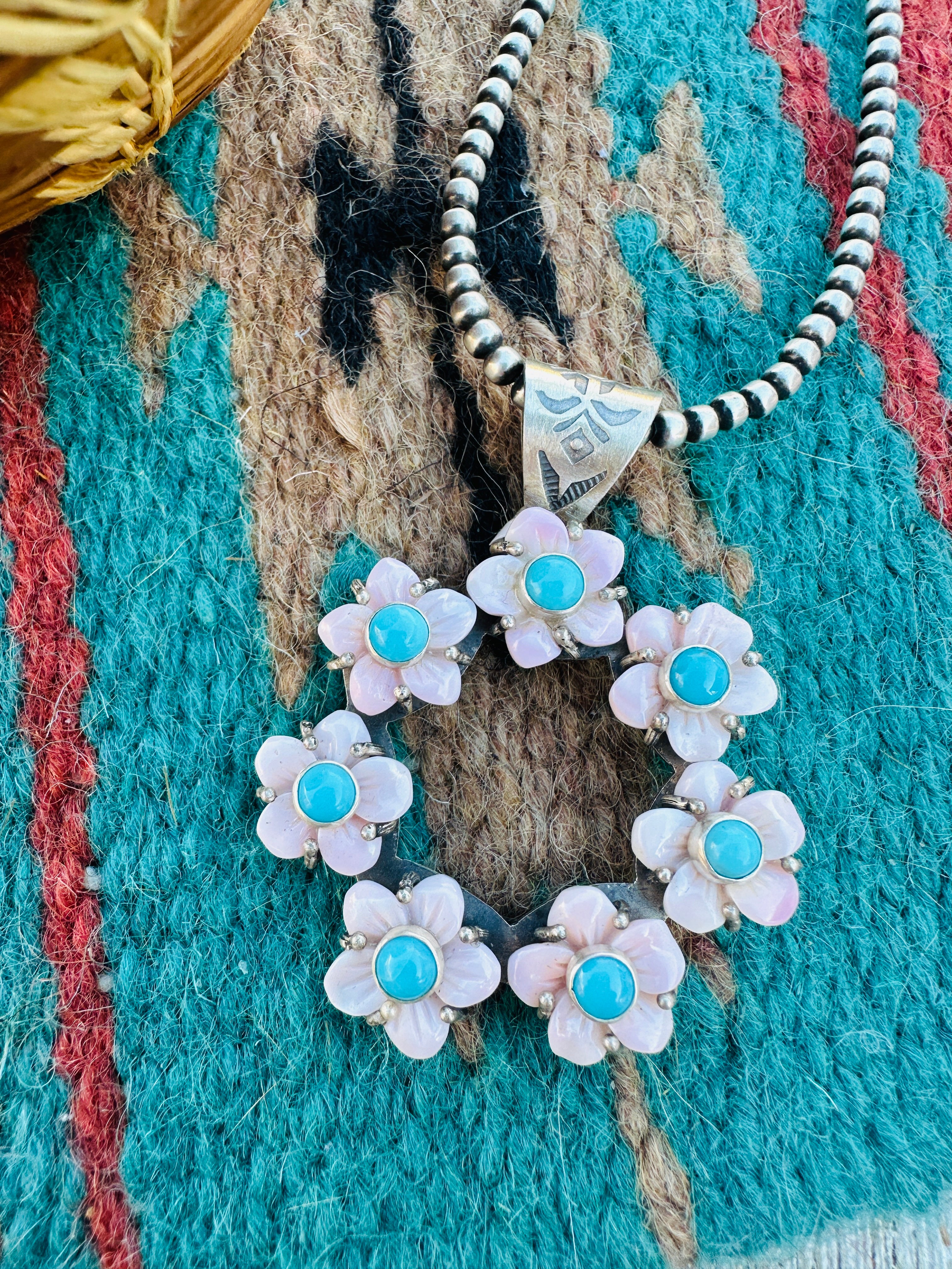 Handcrafted Sterling Silver, Queen Pink Conch & Turquoise Flower Pendant