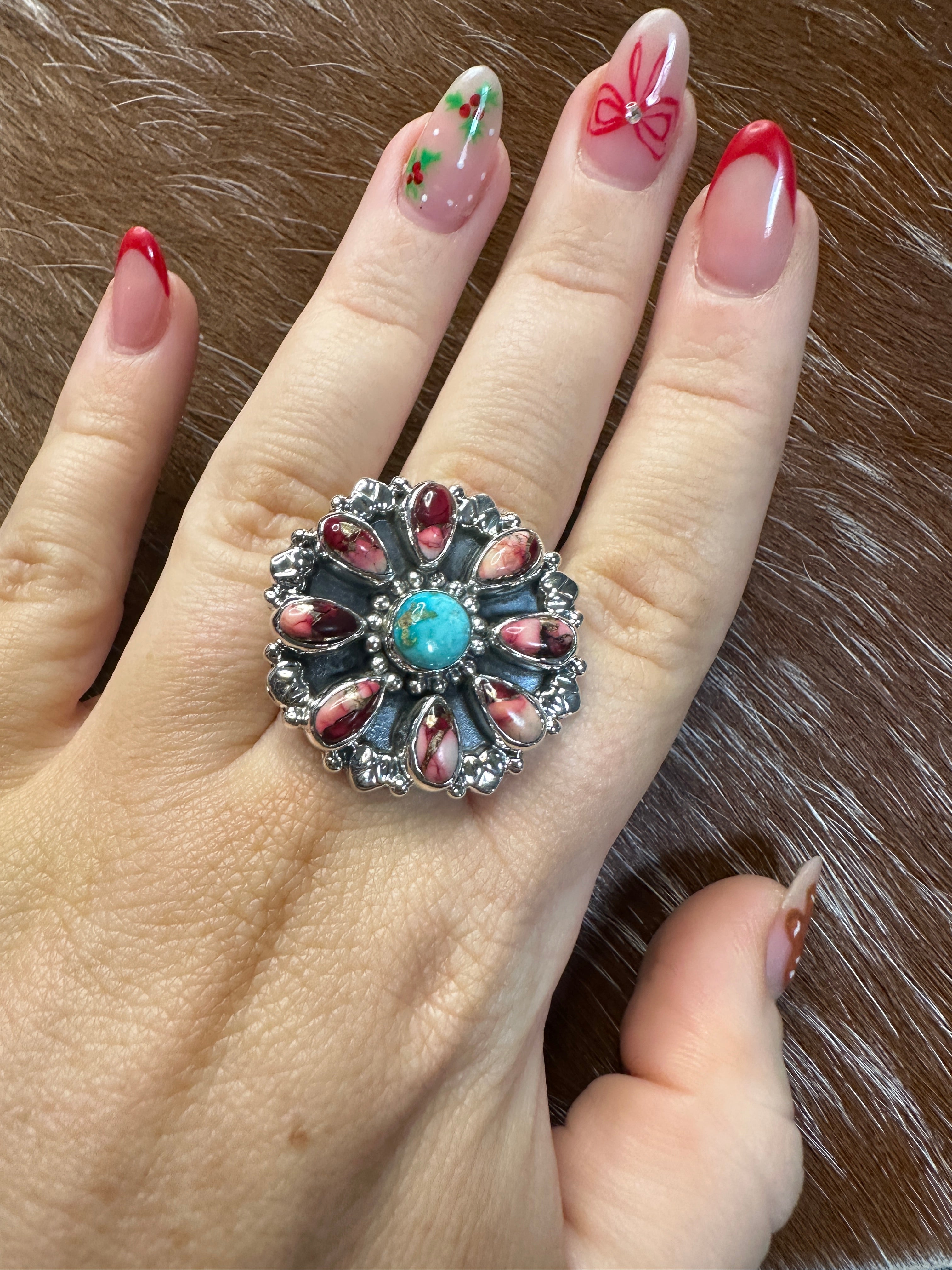 Handmade Dahlia Rose, Turquoise & Sterling Silver Adjustable Cluster Flower Ring