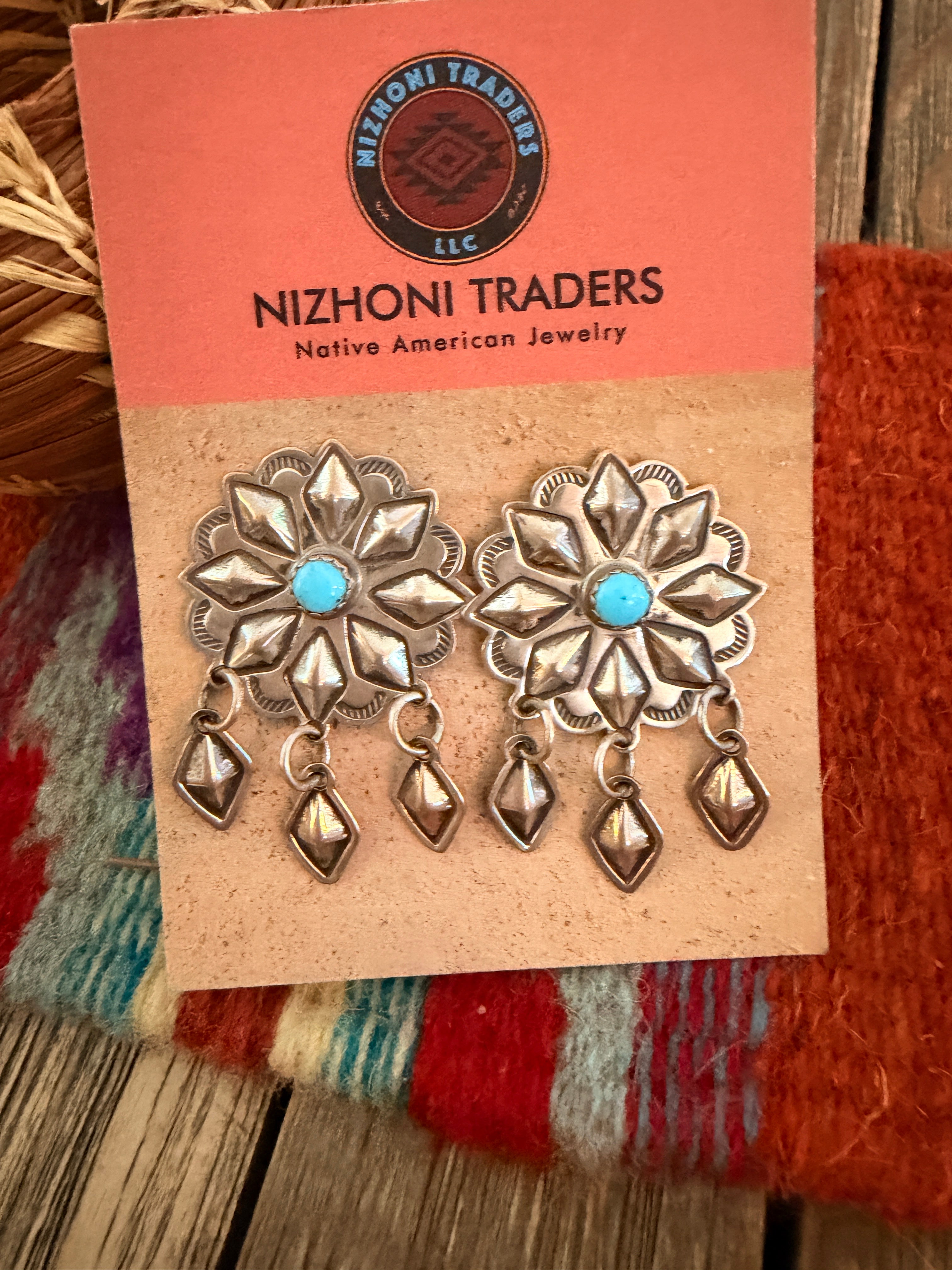 Handcrafted Old Pawn Turquoise and Sterling Silver Concho Dangle Earrings