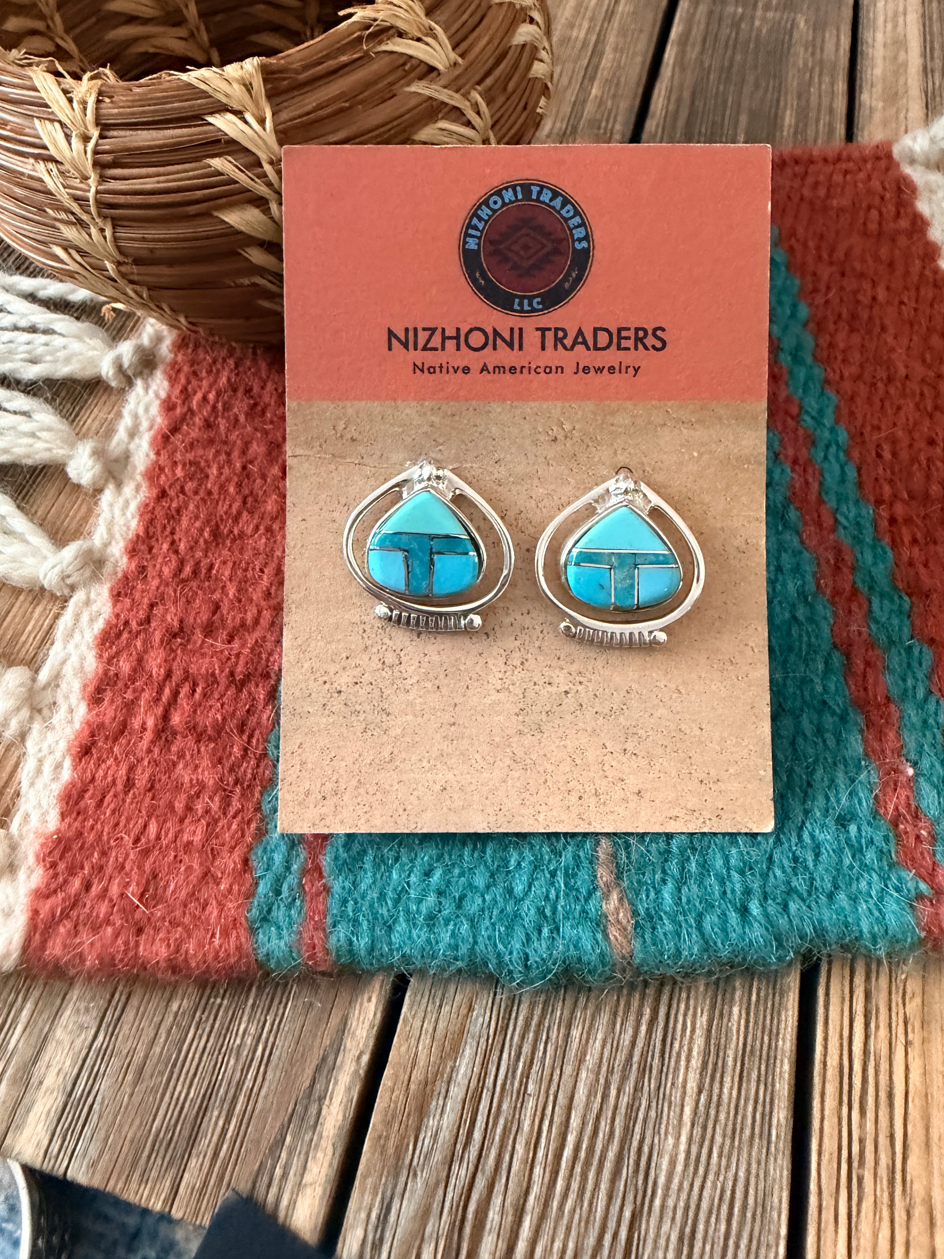 Handcrafted Turquoise & Sterling Silver Inlay Post Earrings