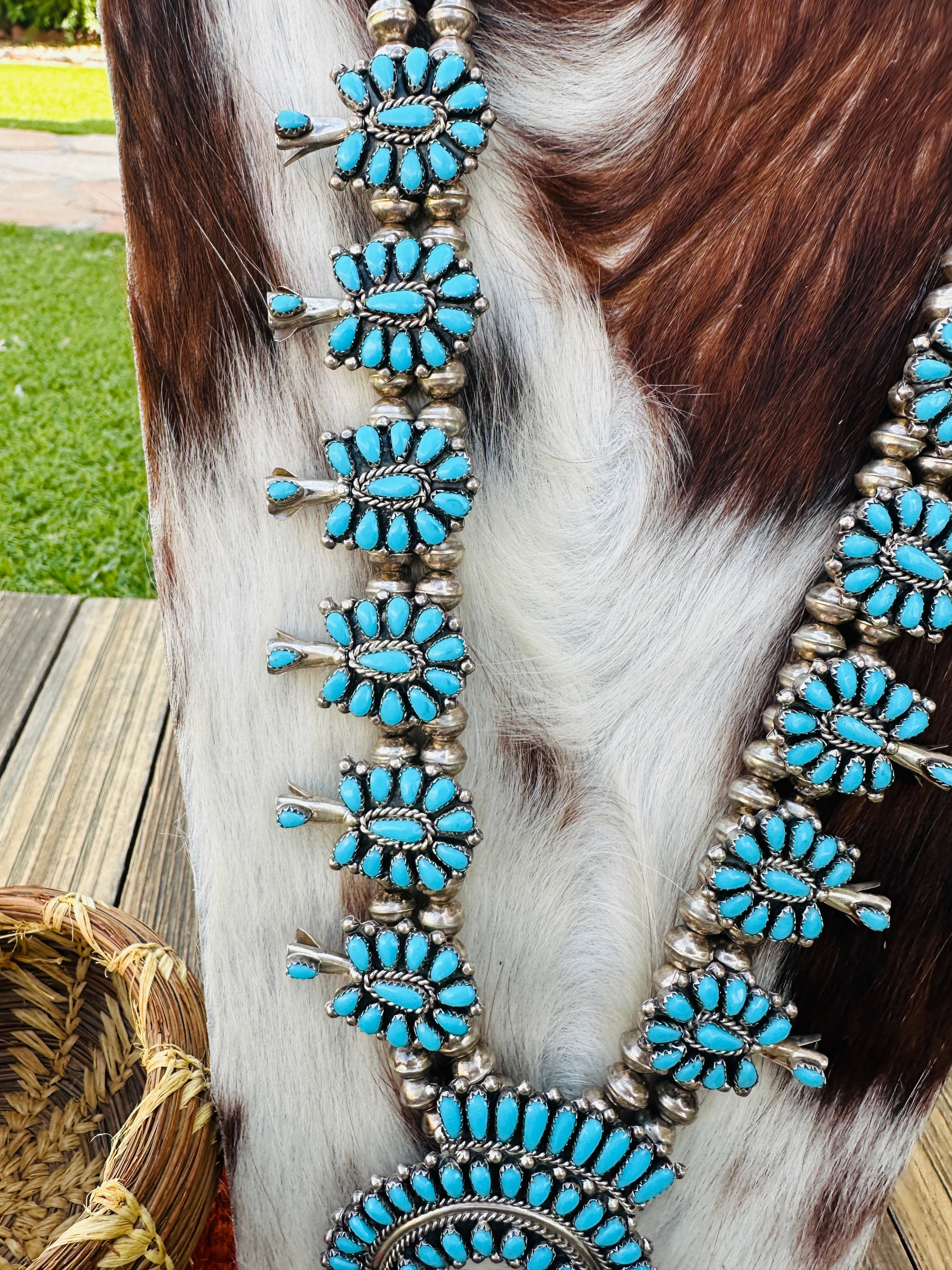 Old Pawn Handcrafted Turquoise & Sterling Silver Beaded Squash Blossom Necklace