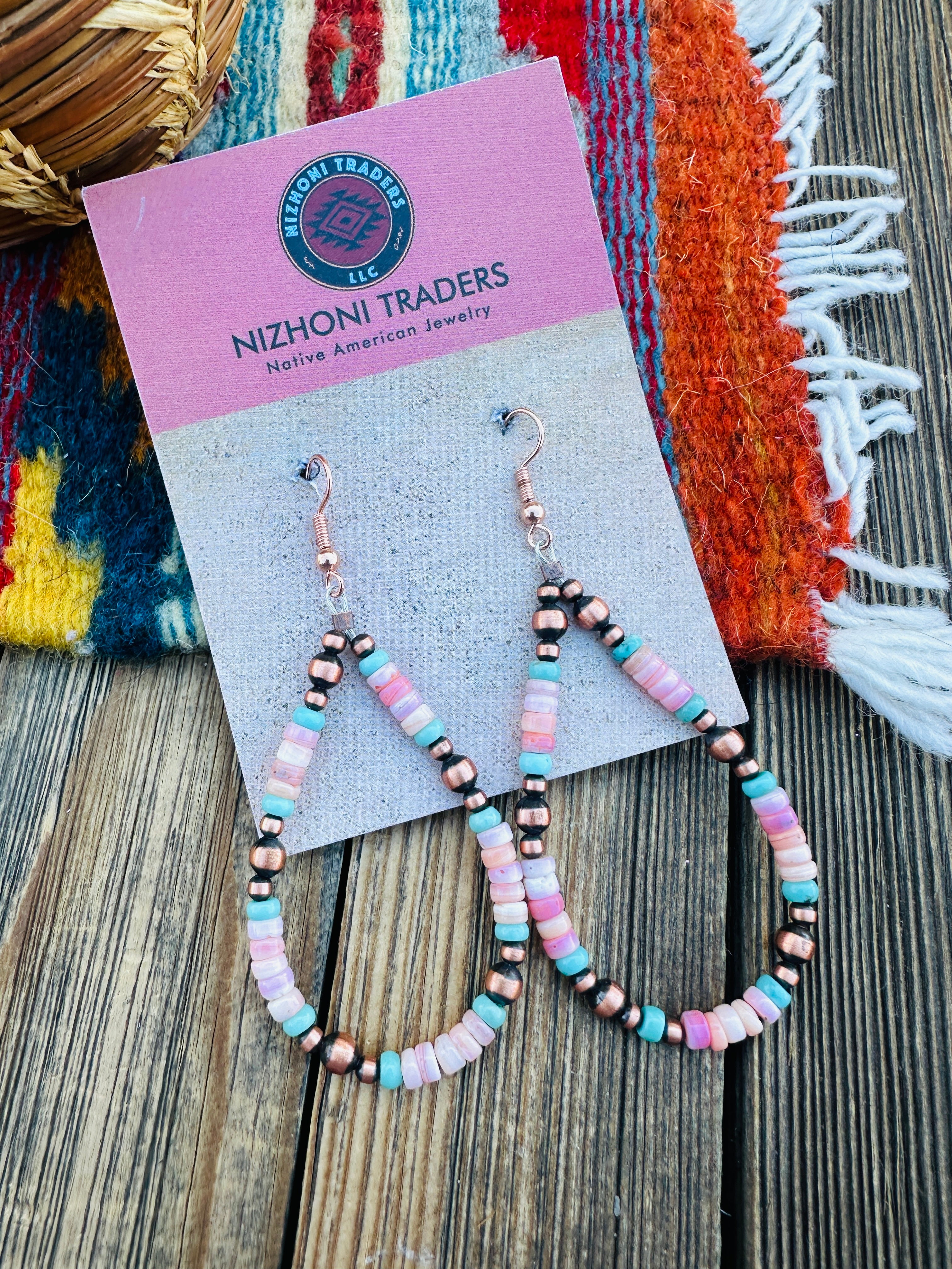 Handcrafted Queen Pink Conch, Turquoise & Copper Beaded Dangle Hoop Earrings