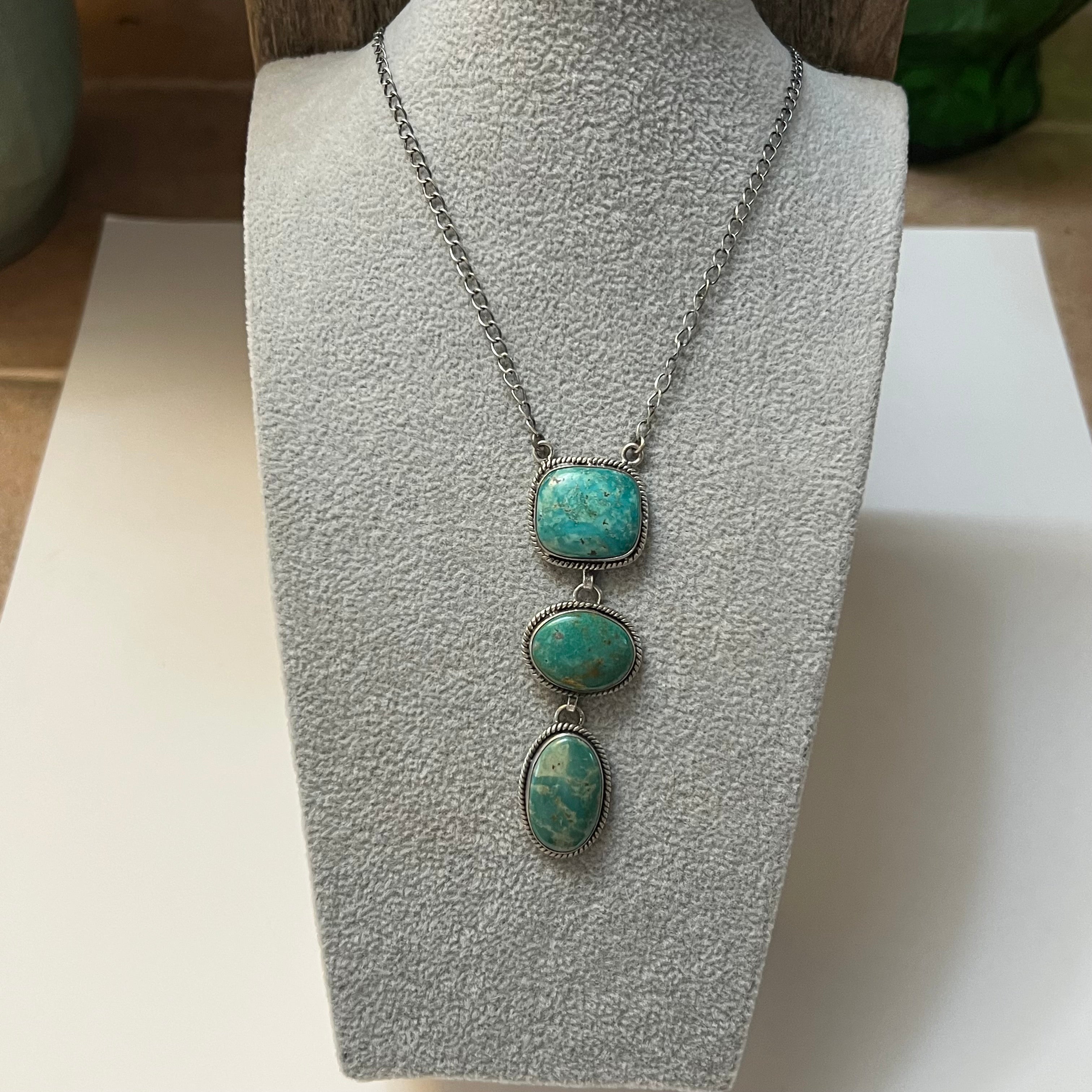 Handmade 3 Stone Turquoise & Sterling Silver Drop Necklace (03)
