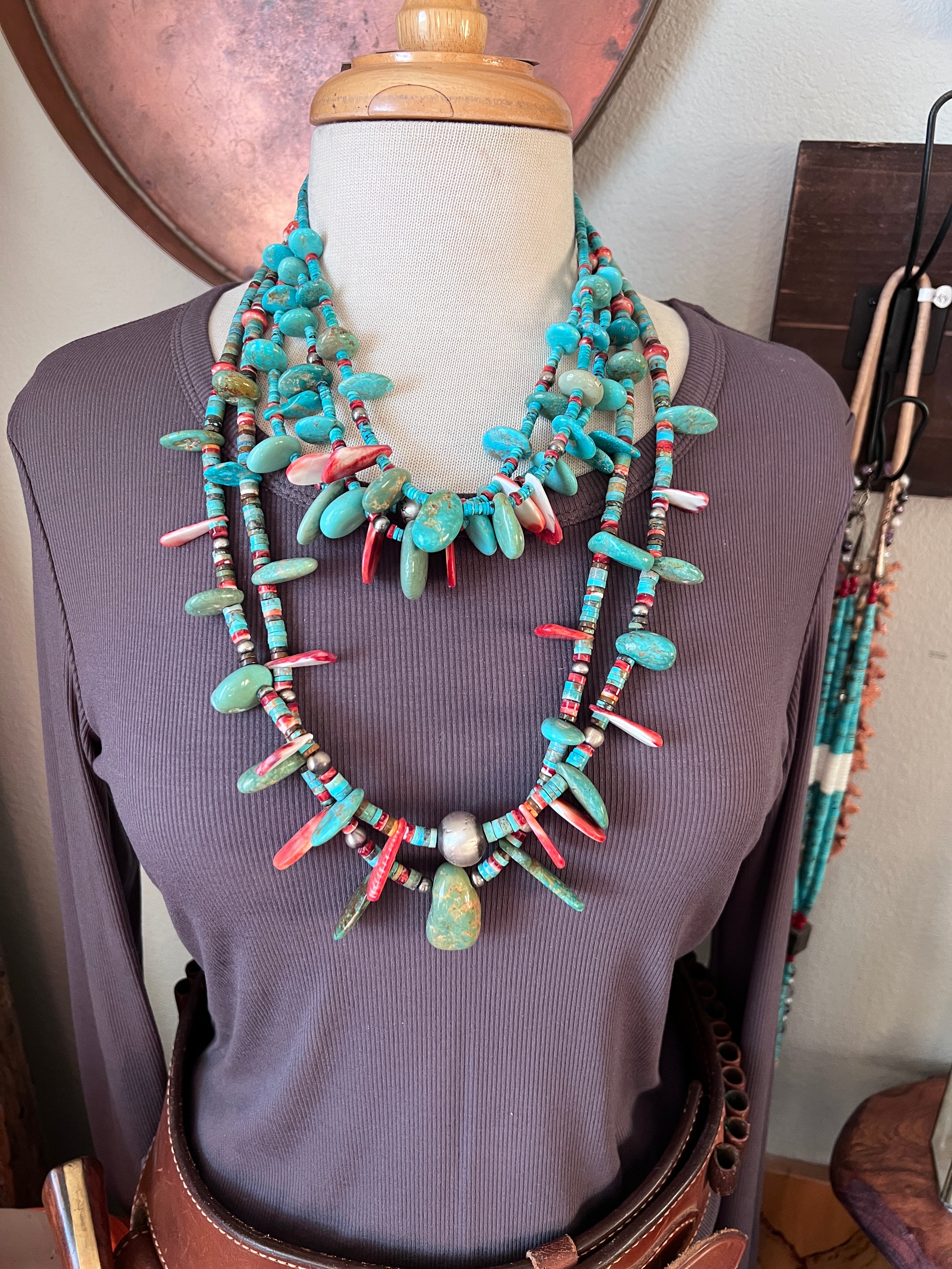Stunning Handcrafted Double Strand Sterling Silver, Turquoise and Spiny Oyster Beaded Tab Necklace by Daniel Coriz