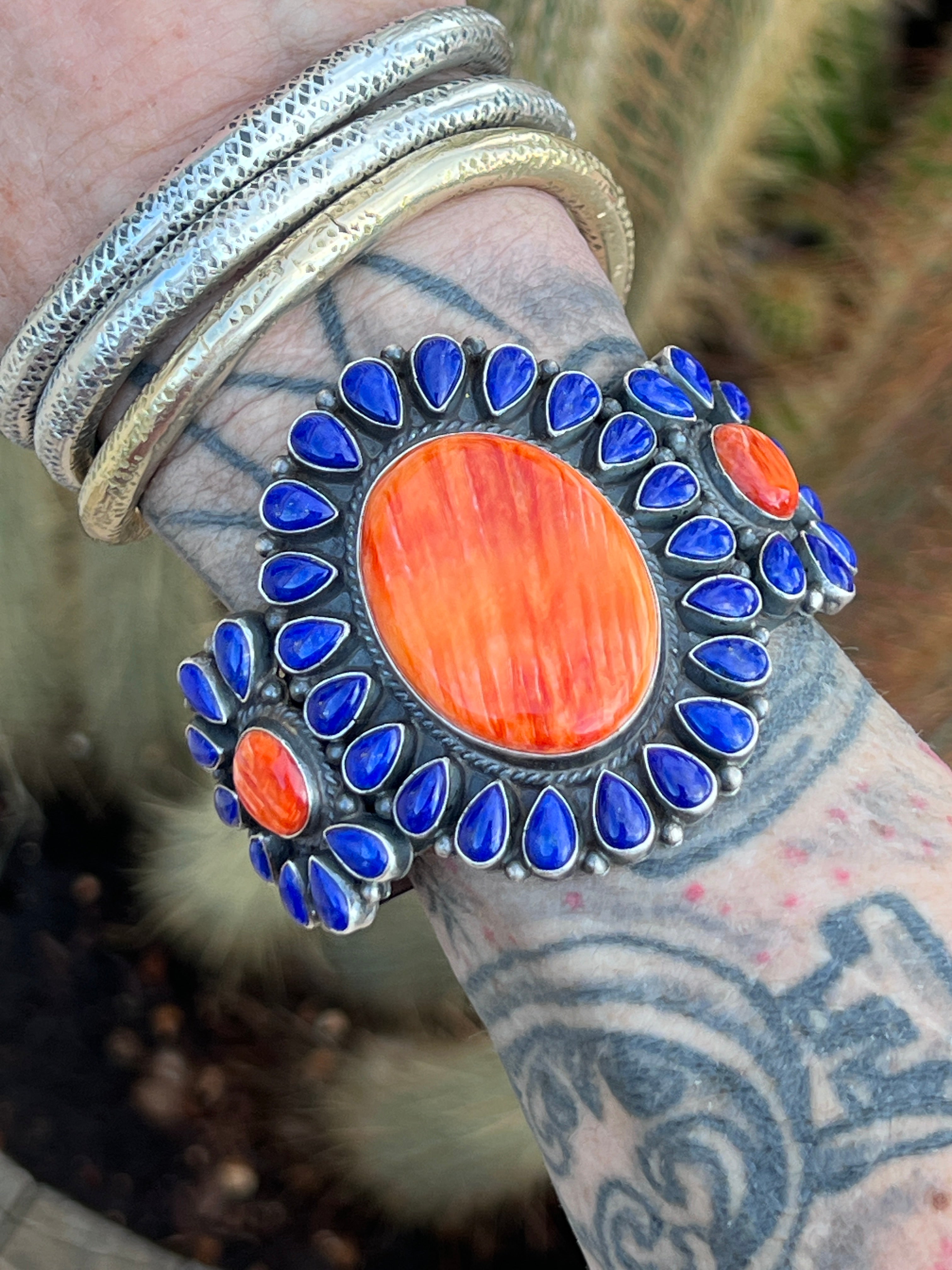 Glowing Anthony Skeets Lapis Lazuli and Orange Spiny Oyster Cluster Cuff Bracelet
