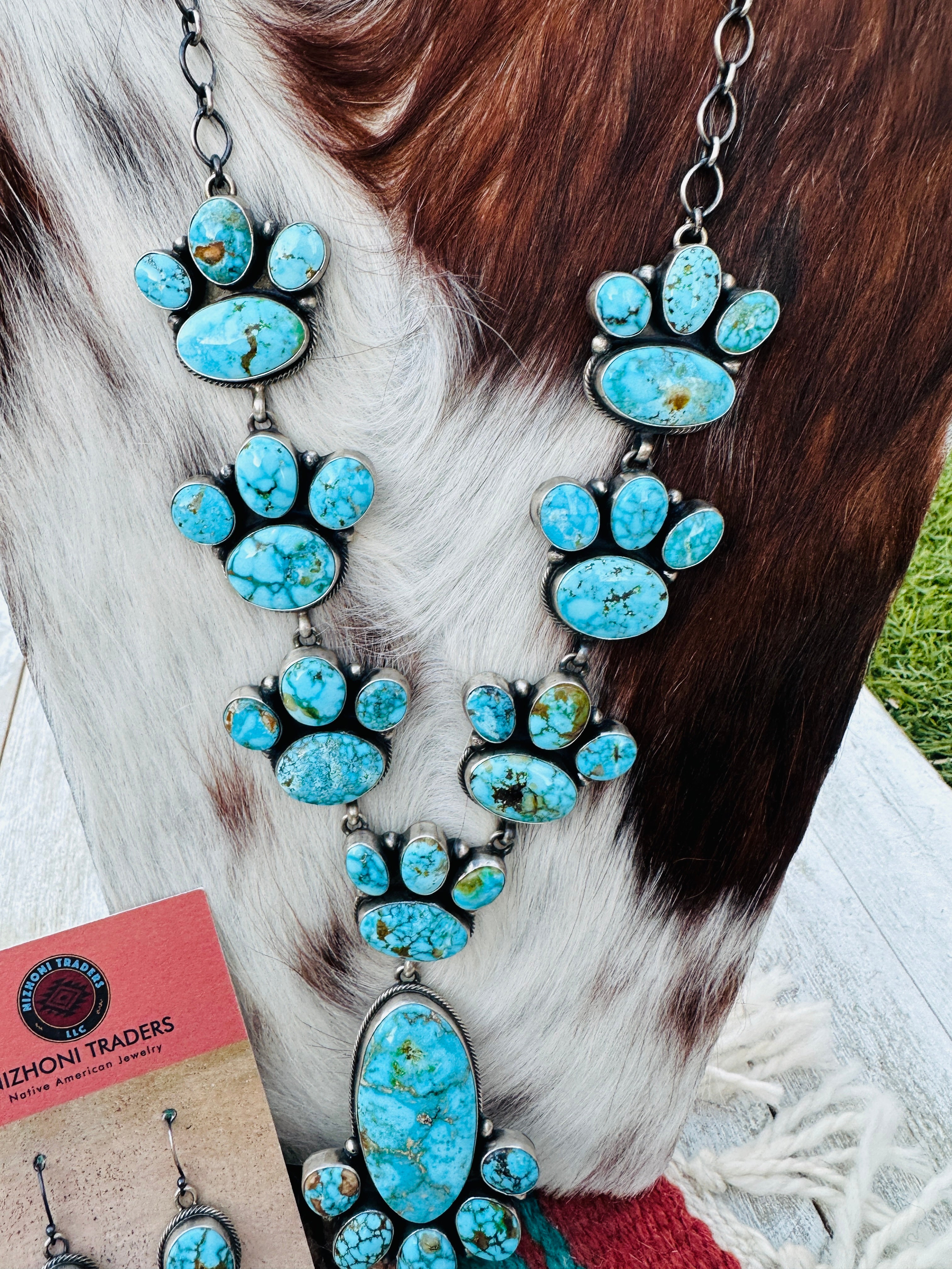 Handcrafted Kingman Web Turquoise & Sterling Silver Necklace and Earring Set
