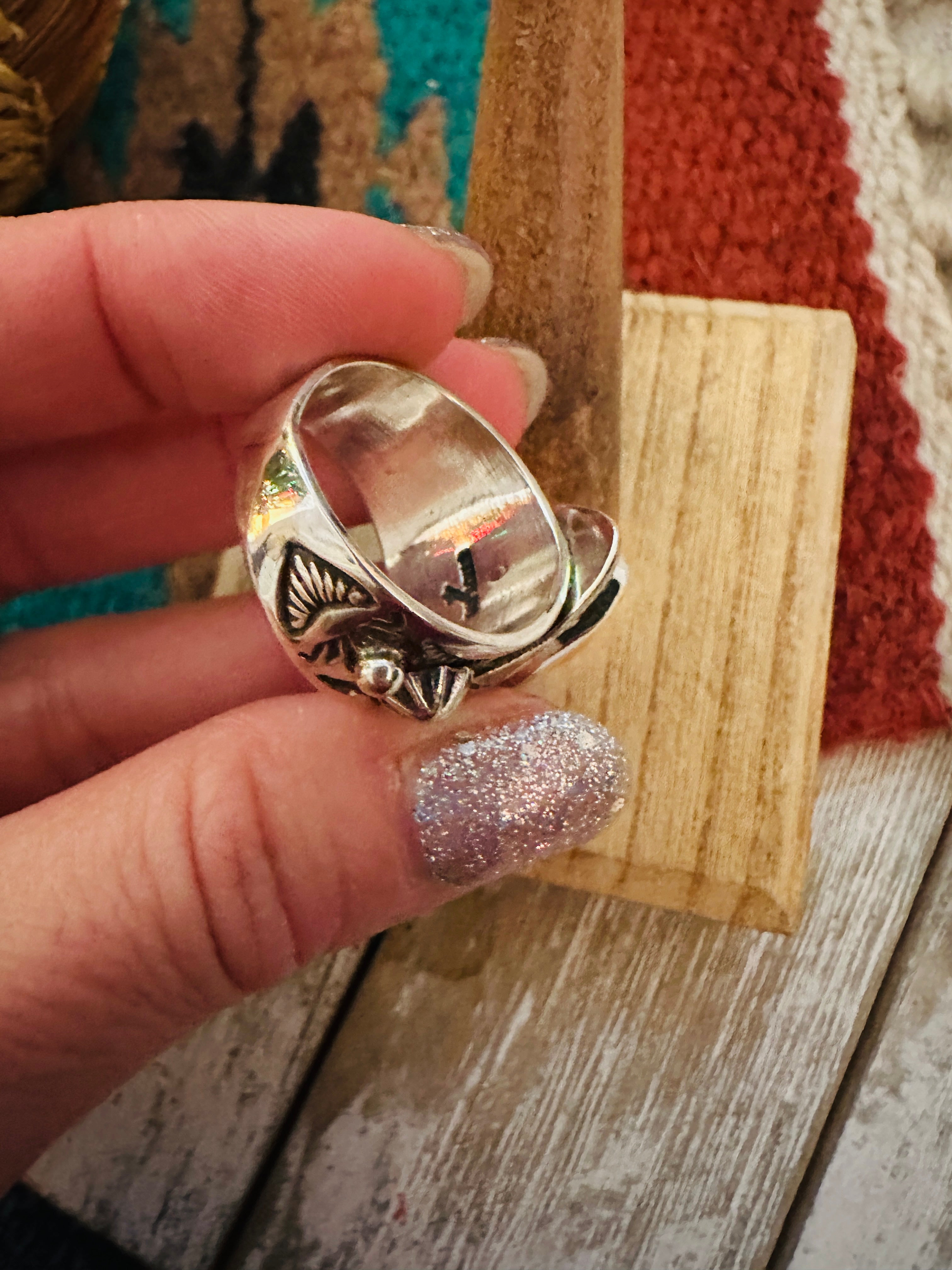 Handcrafted Sterling Silver & Turquoise Teardrop Cigar Band Ring Size 9