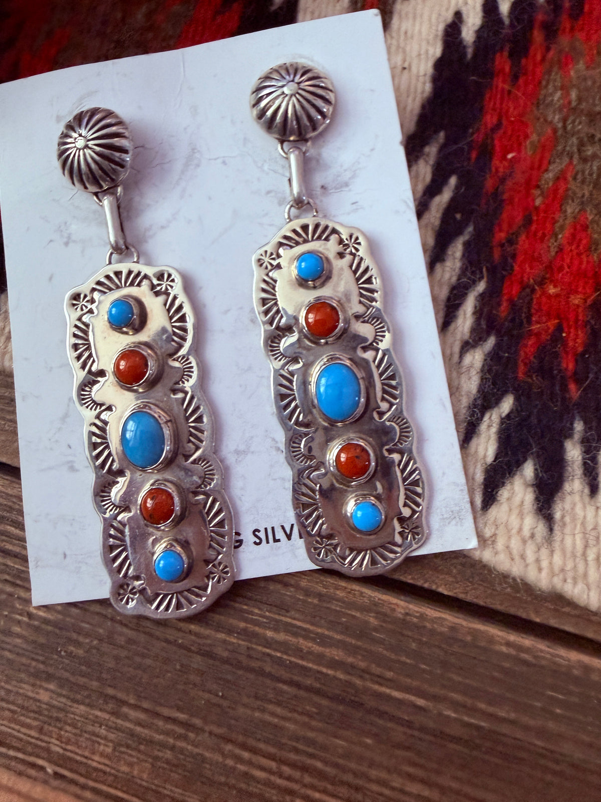 Handcrafted Turquoise, Coral & Sterling Silver Dangle Earrings by Jeff James Jr