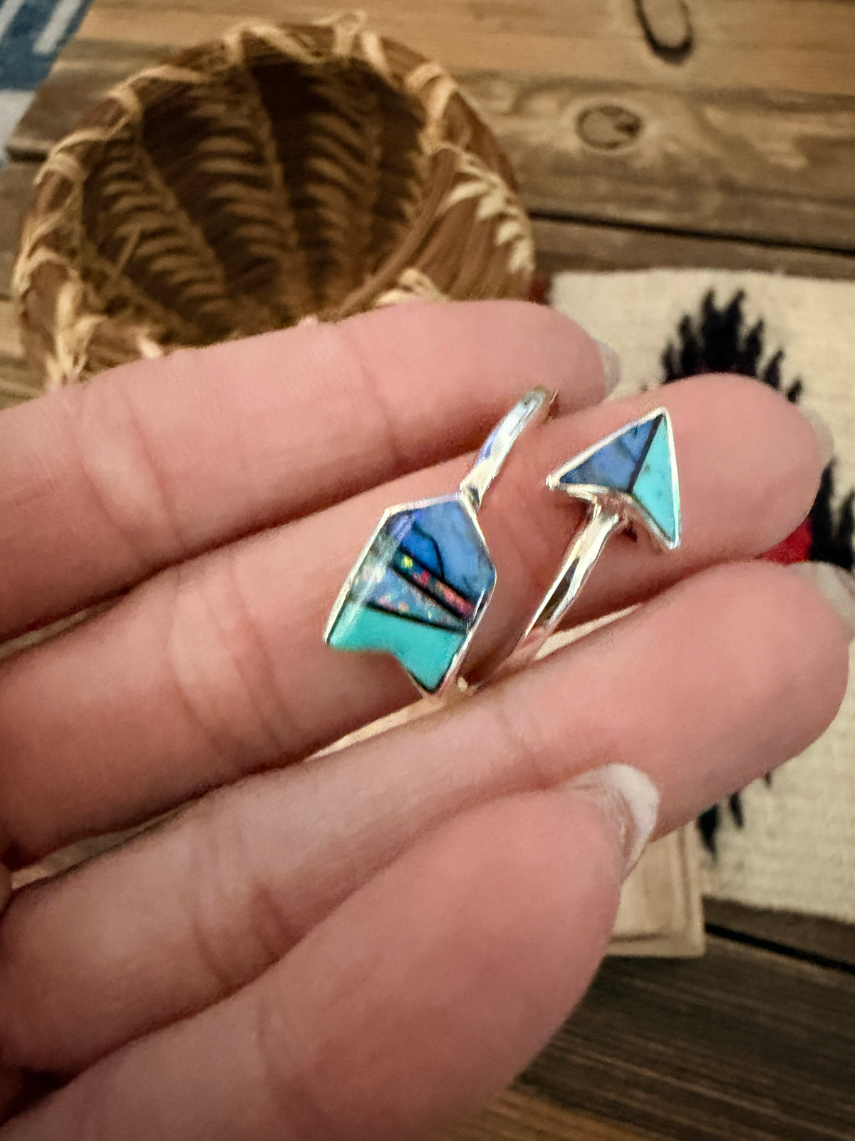 Handcrafted Sterling Silver, Opal & Turquoise Inlay Adjustable Arrow Ring