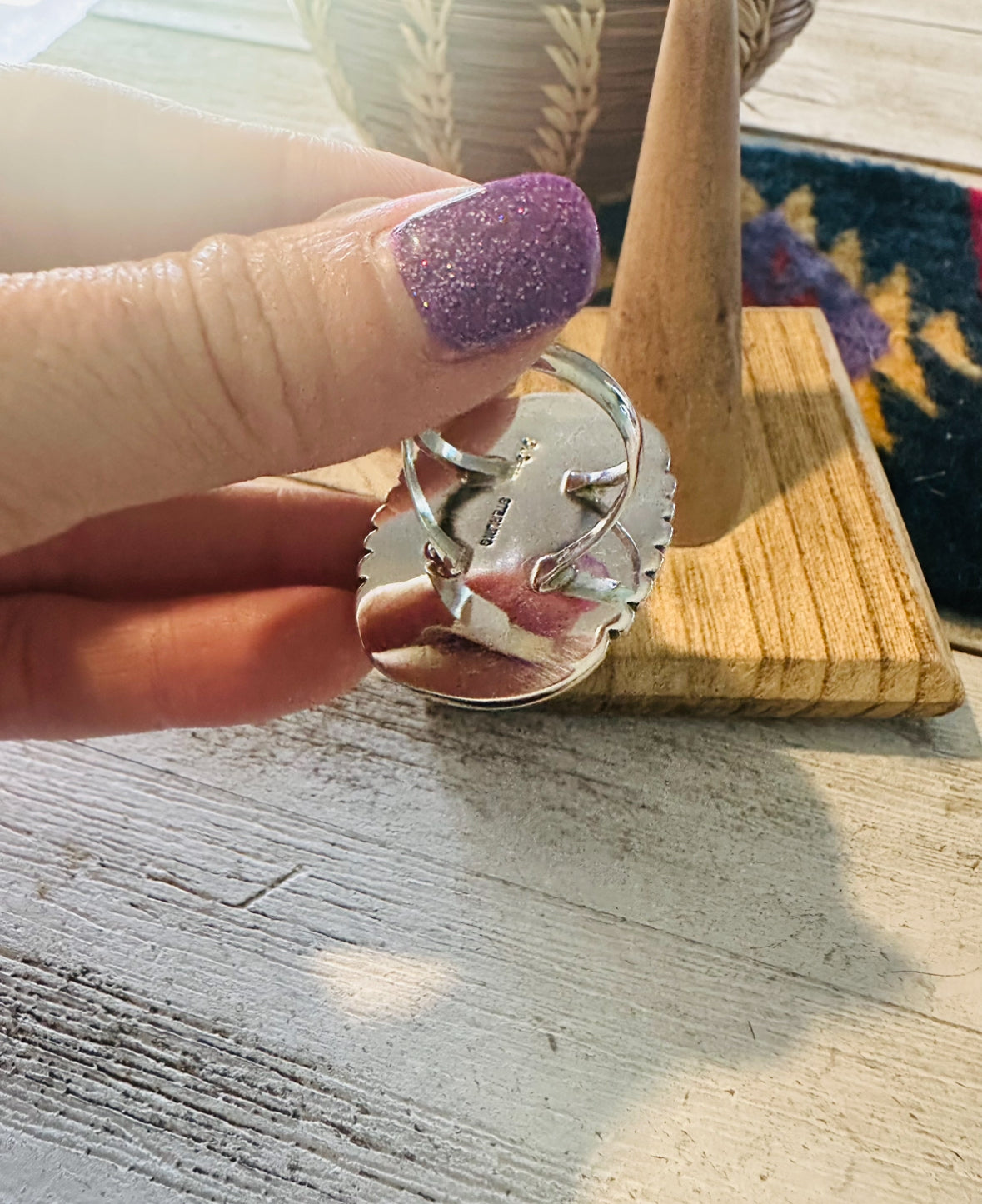 Navajo Golden Hills Turquoise & Sterling Silver Shadowbox Ring Size 8.5