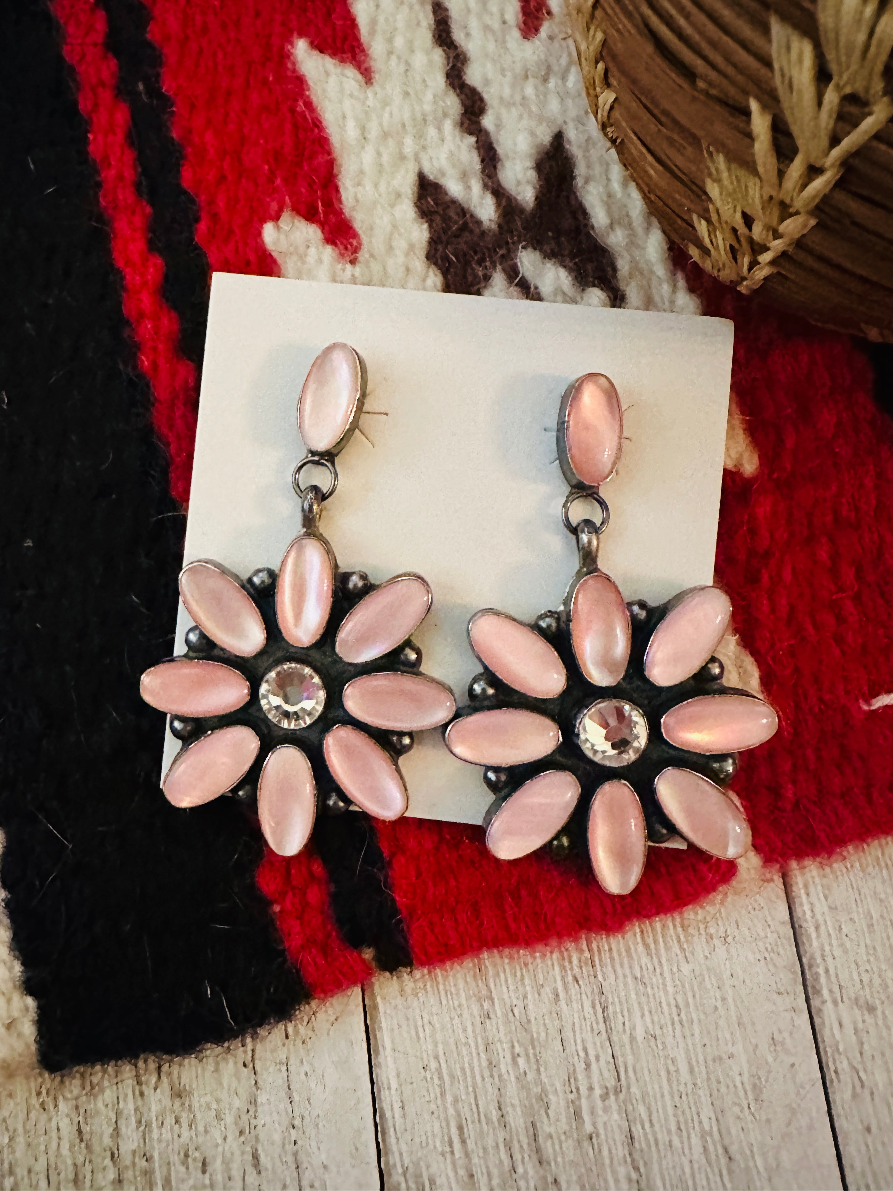 Navajo Mother of Pearl, CZ & Sterling Silver Dangle Earrings