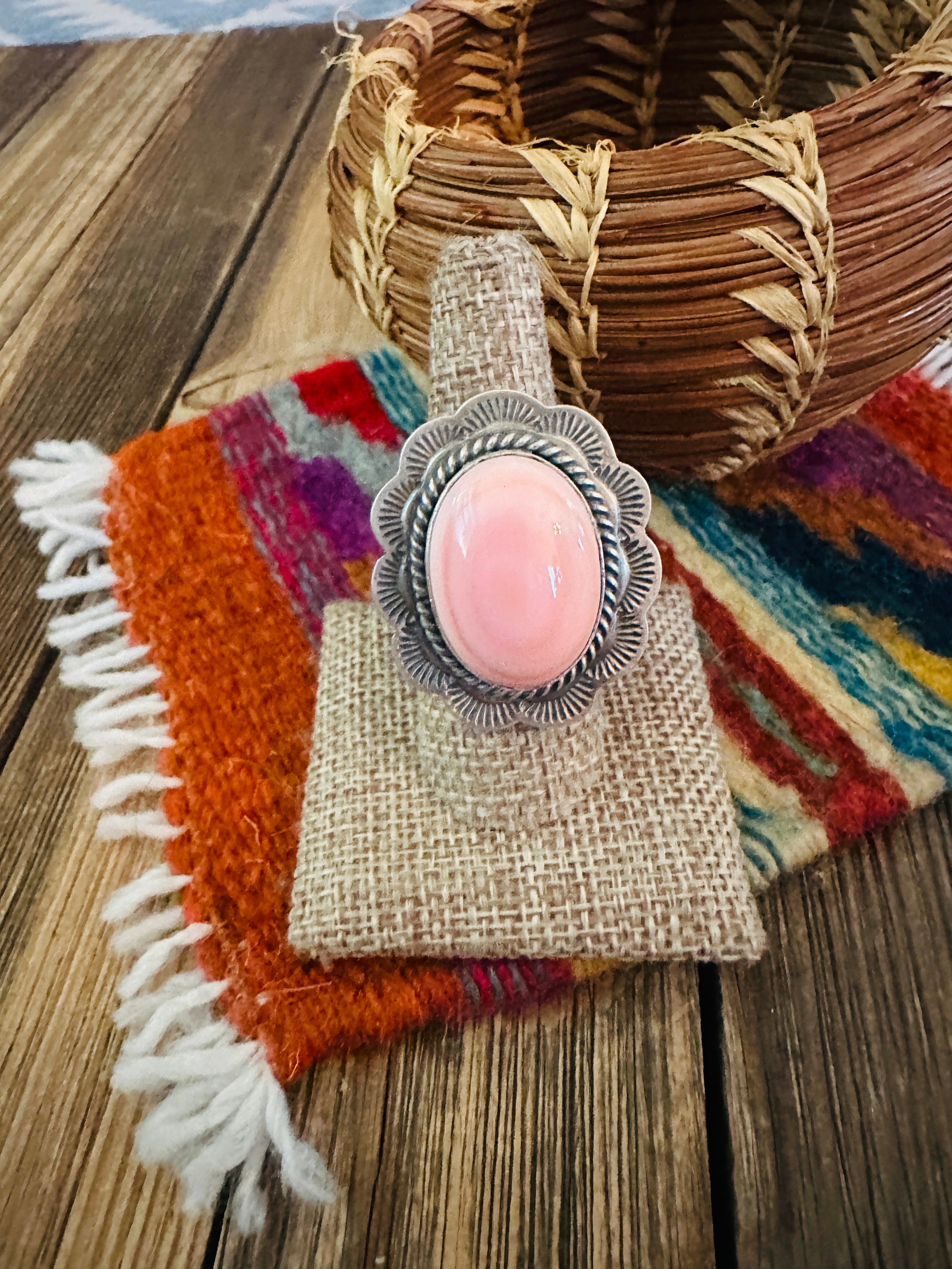 Handcrafted Queen Pink Conch & Sterling Silver Ring Size 9