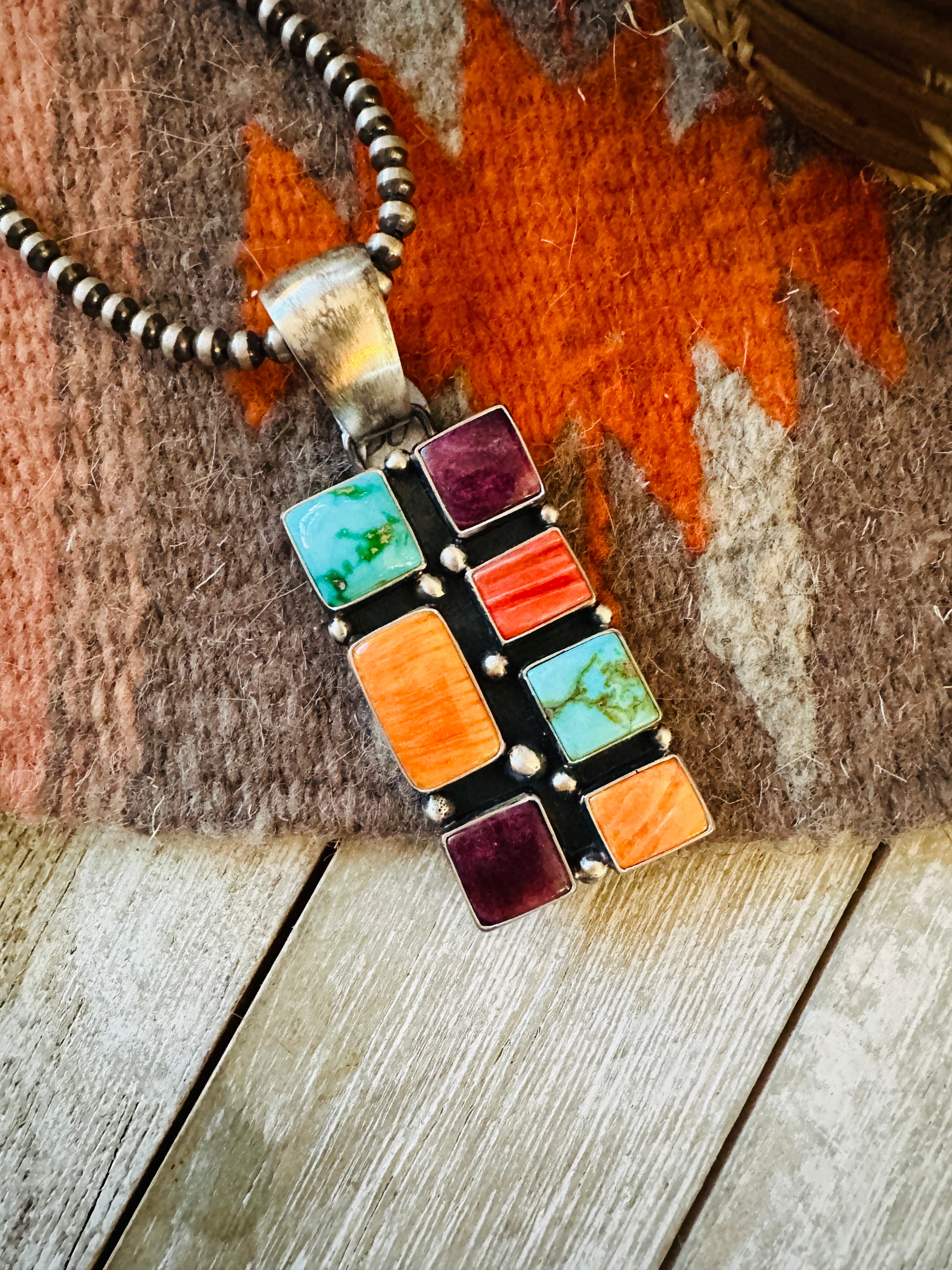 Handcrafted Electric Rainbow Turquoise, Spiny & Sterling Silver Cluster Pendant by Angela Martin