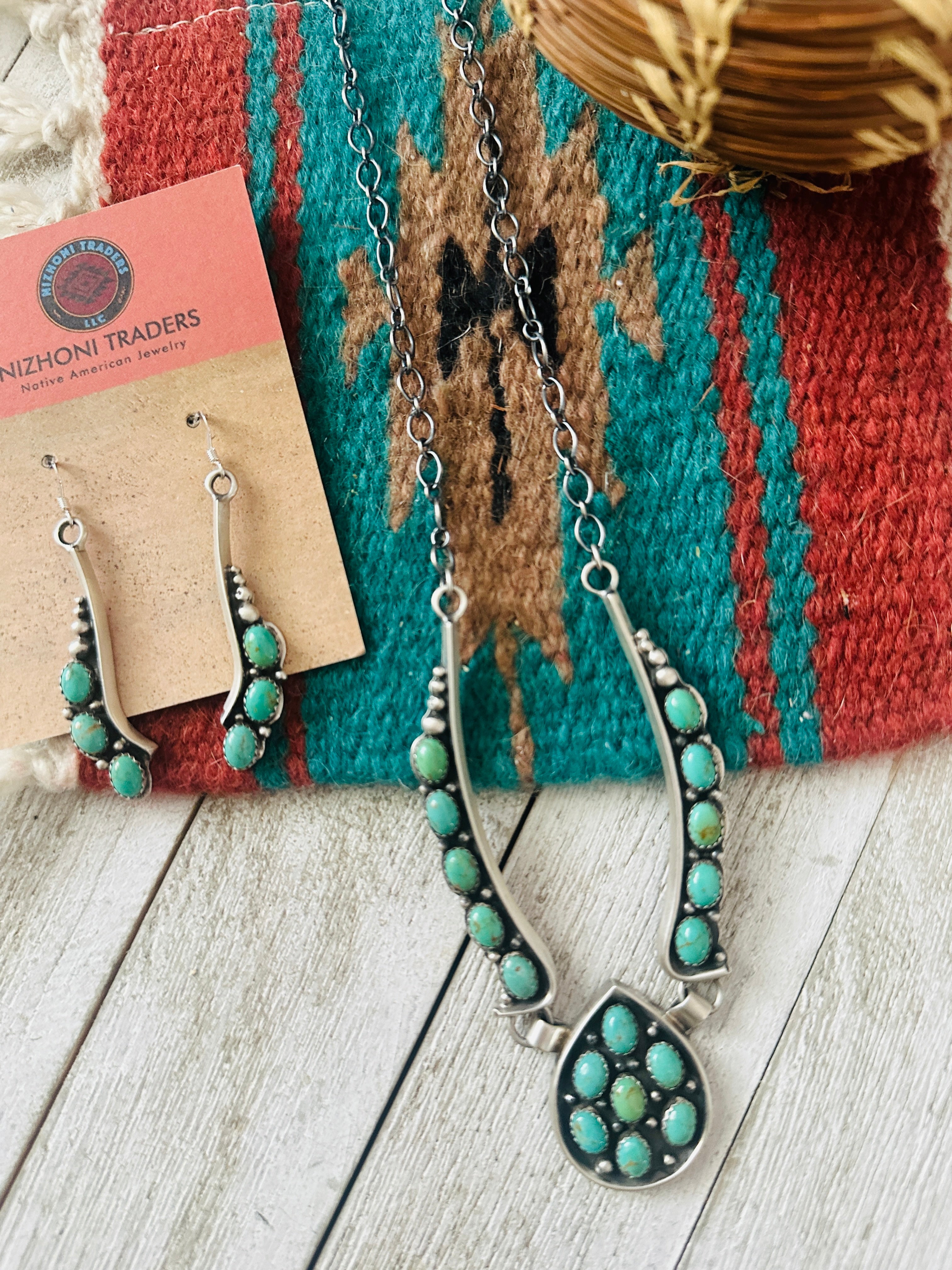 Handcrafted Sterling Silver & Turquoise Cluster Necklace and Earring Set