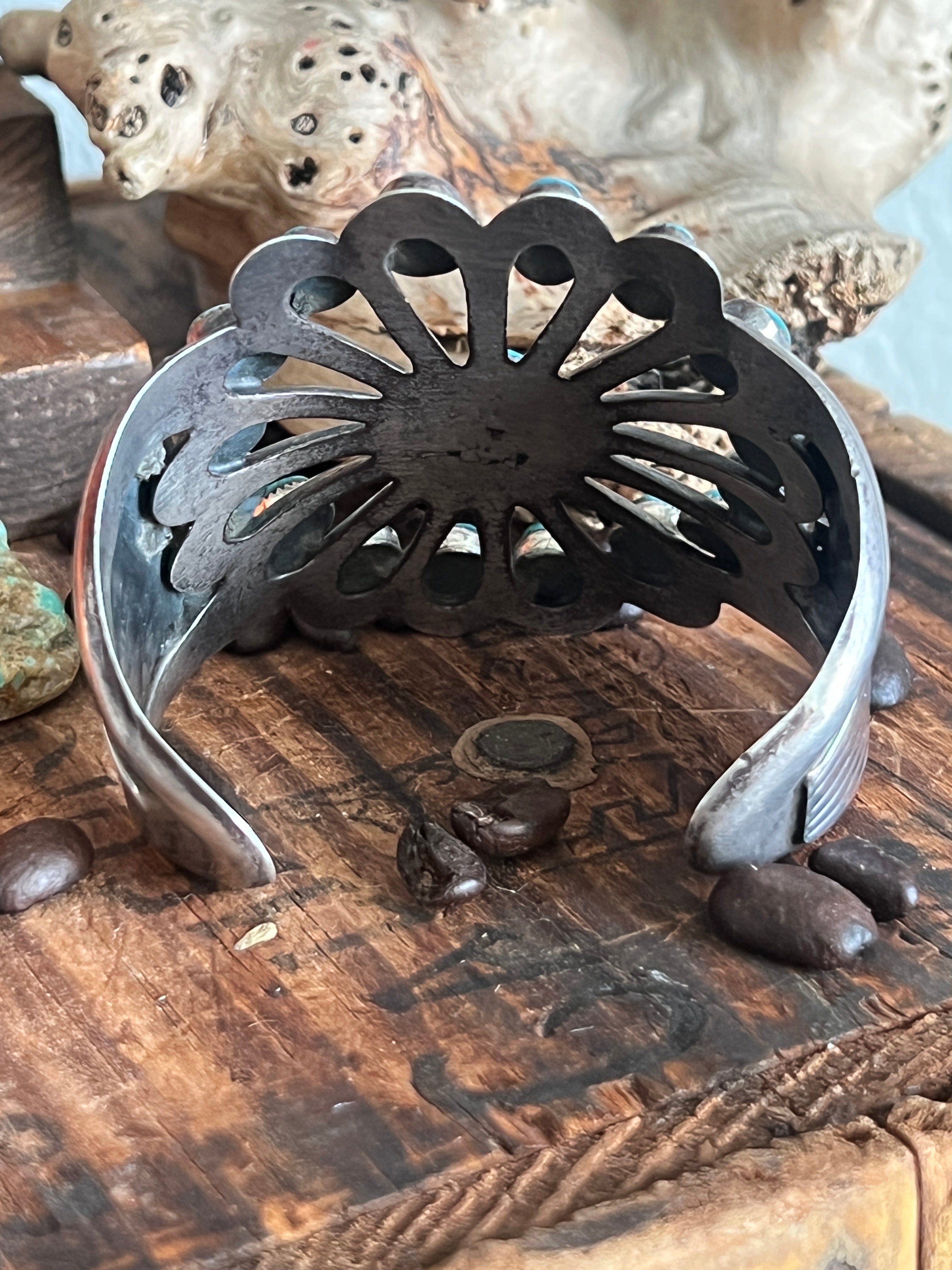 Vintage Cast Sterling Silver and Turquoise Flower Motif Cuff Bracelet