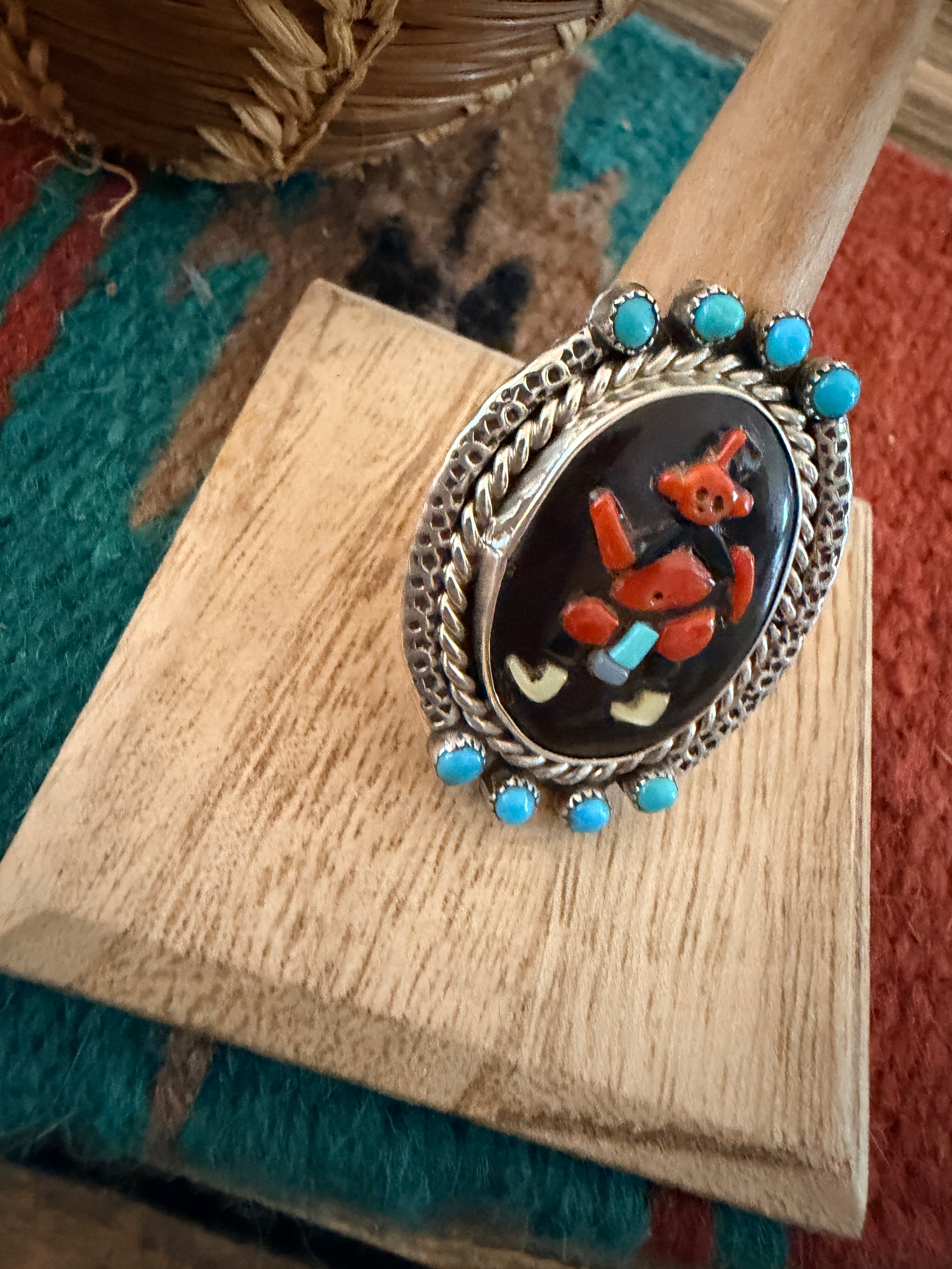 Old Pawn Handcrafted Multi Stone & Sterling Silver Inlay Kachina Ring Size 8.75