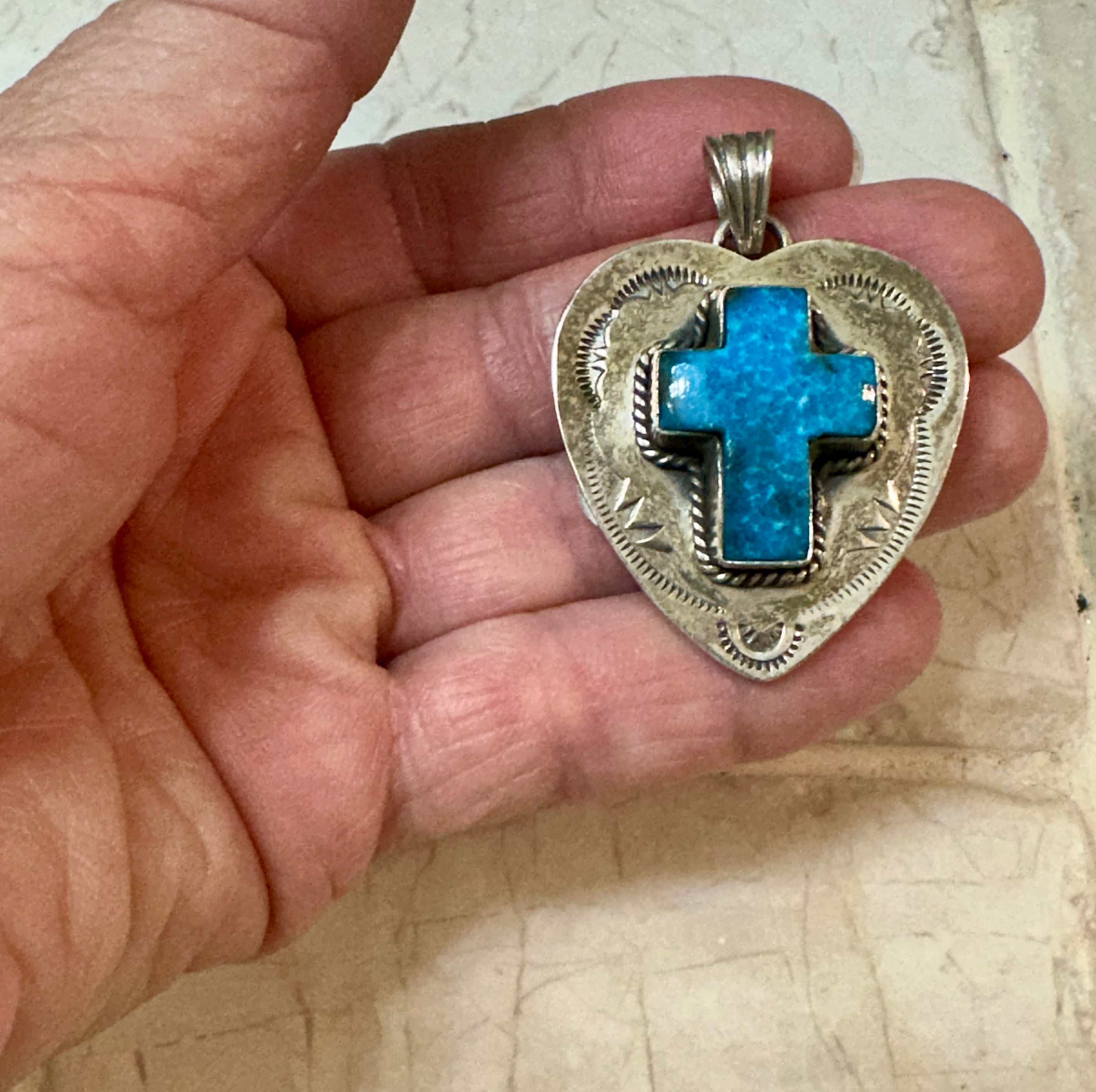 Turquoise & Sterling Silver Cross & Heart Pendant