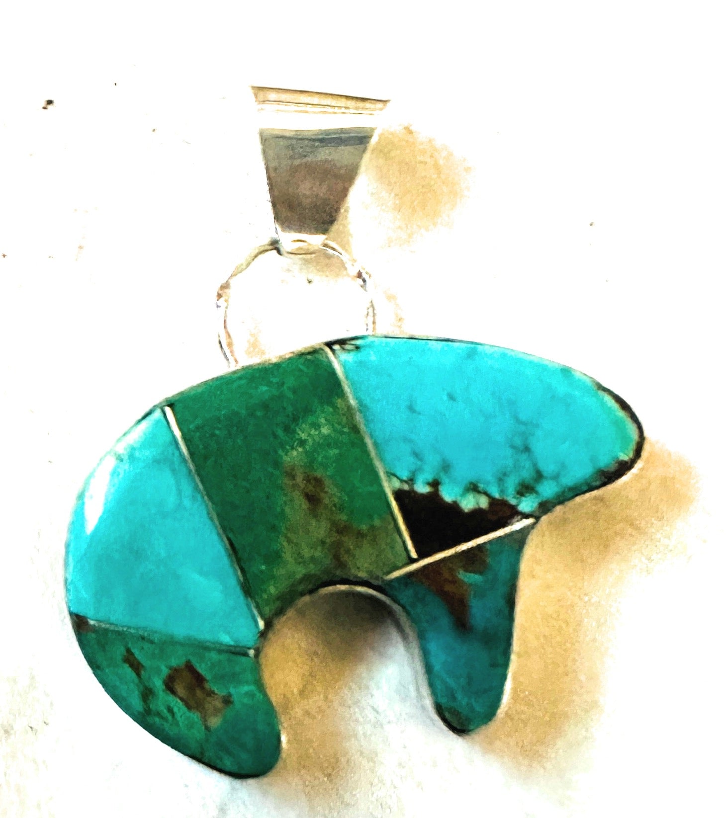 Handcrafted Turquoise & Sterling Silver Inlay Fetish Bear Pendant