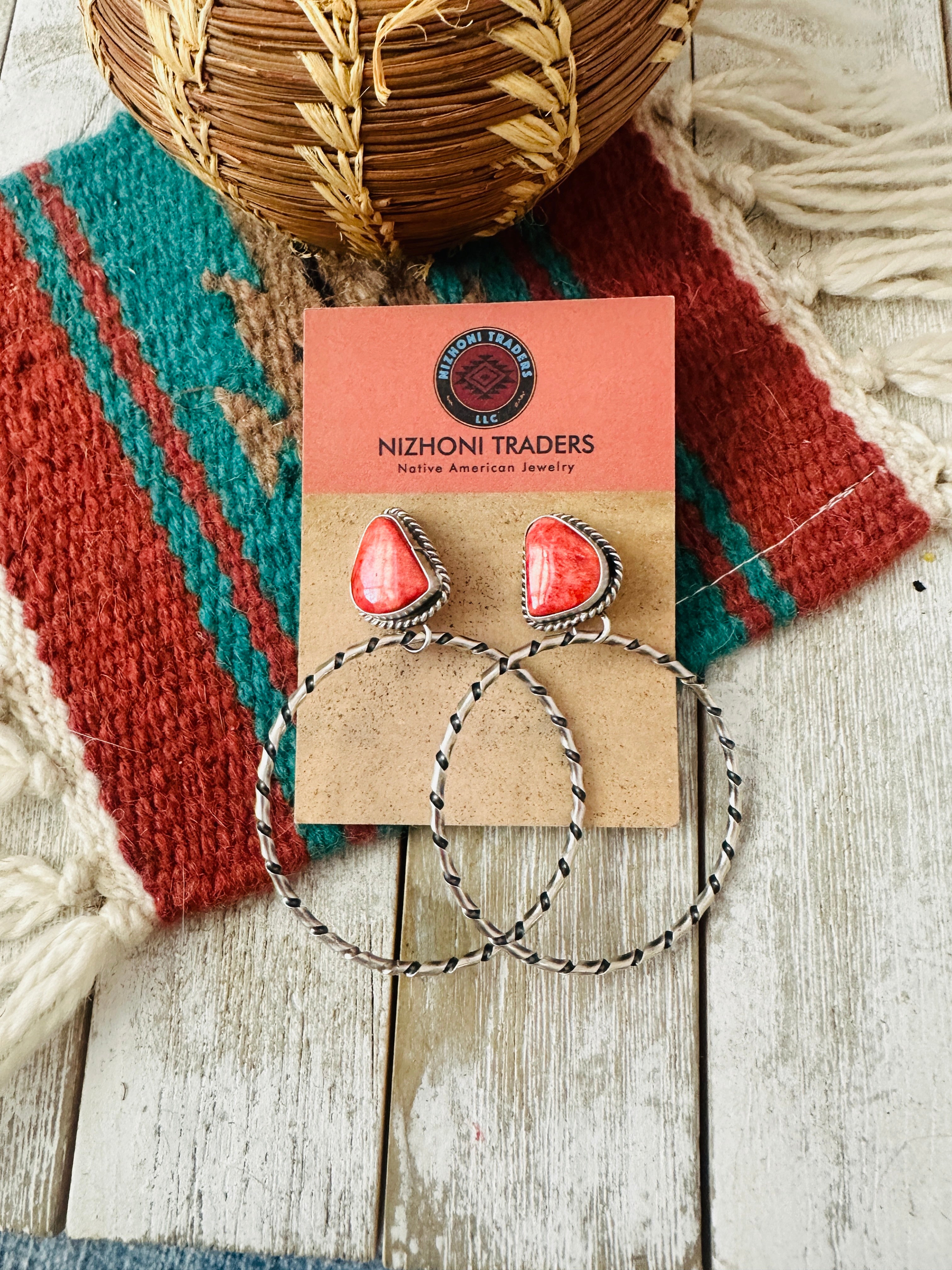 Navajo Orange Spiny and Sterling Silver Dangle Hoop Earrings